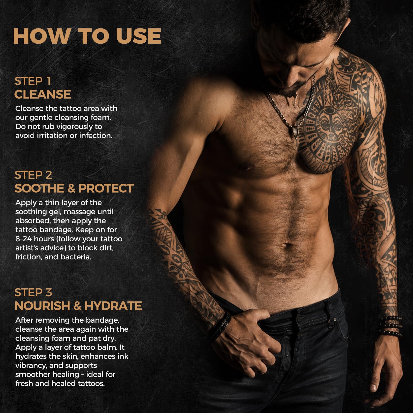 4 in 1 Kit di cura tatuaggio professionale tatuaggio aftercare | Morbido e lenitivo, crema riparatrice, gel lenitivo, schiuma detergente e fascia di protezione, per tatuaggio fresco e antico