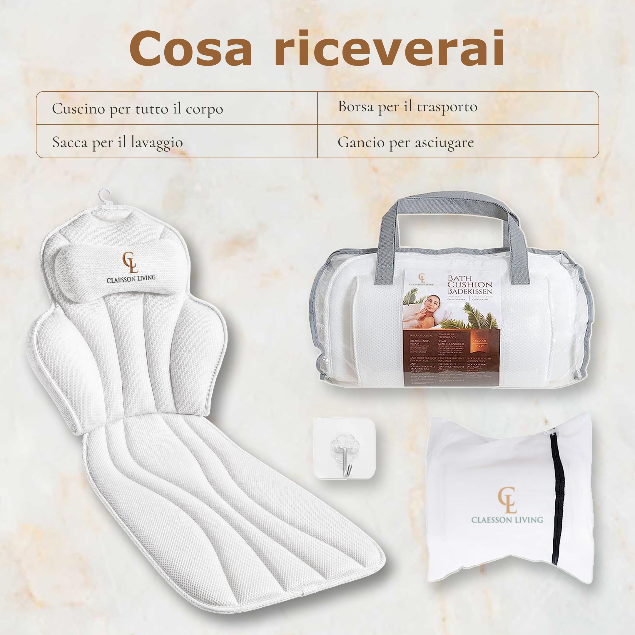 Cuscino Vasca da Bagno per Tutto il Corpo (152x56cm) – Cuscino Bagno con ventose e Poggiatesta (11cm); Supporta Collo, Schiena e Gambe – Incl. borse Lavaggio/Viaggio e Gancio Asciugatura – Bianco