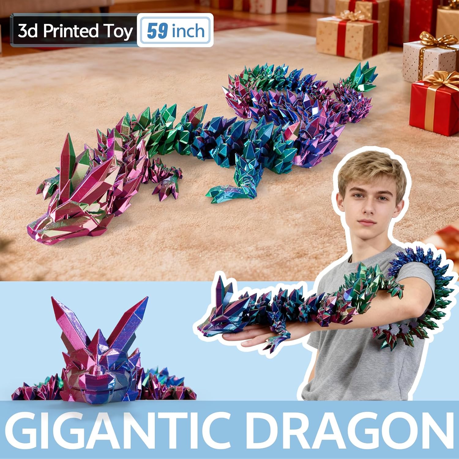59 ”3D Printed Dragon Large 3D Dragon--Bigger Fidget Toy Gift for Kids, Boys, Girls & Adults,Cool Giant Crystal 3-D Printed Animals Desk Decor，easter basket essentials（59in blue green purple）