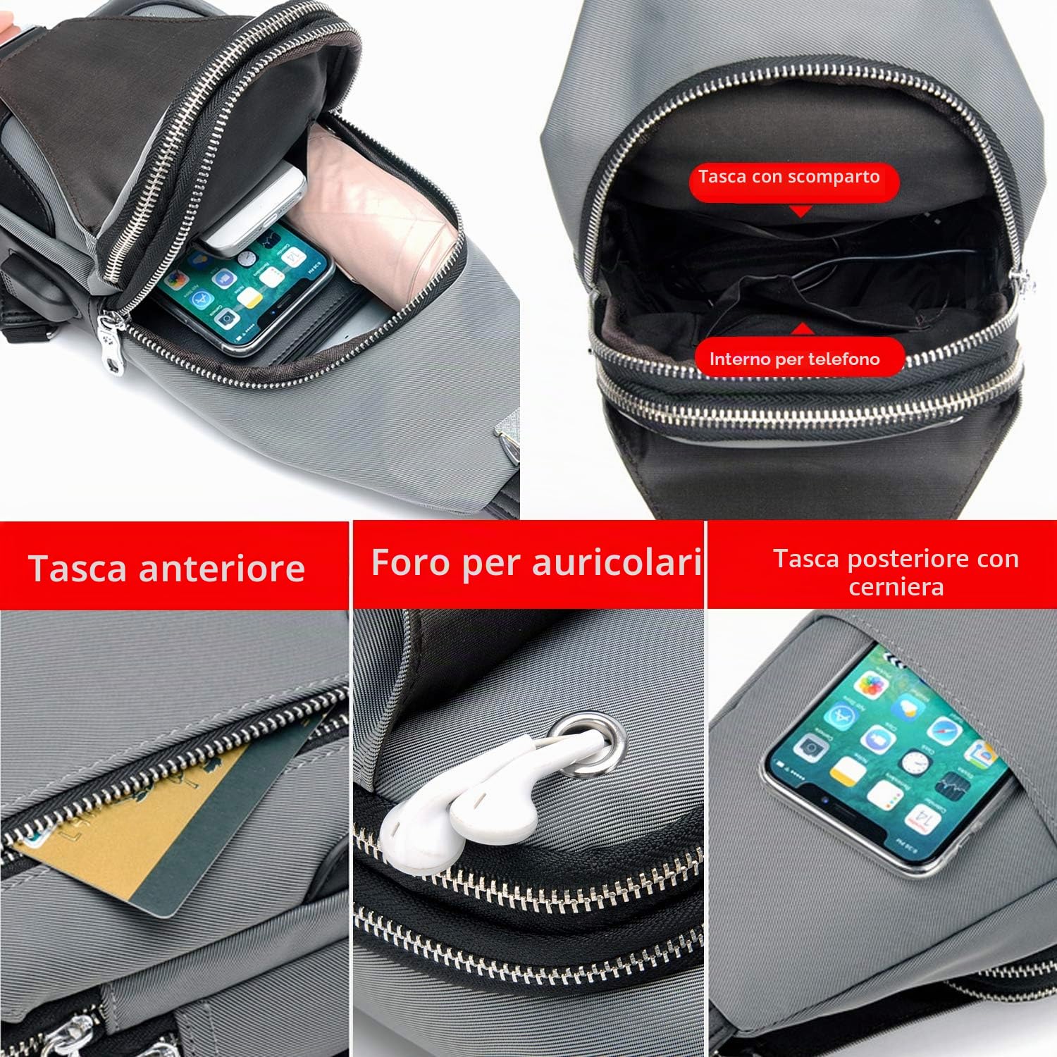 FANDARE Nuovo Monospalla Uomo Zaino Monospalla Borsello da Uomo con USB Borsa a Tracolla Borsa Sportiva Sling Bag,Treeking/Ciclismo/Viggio
