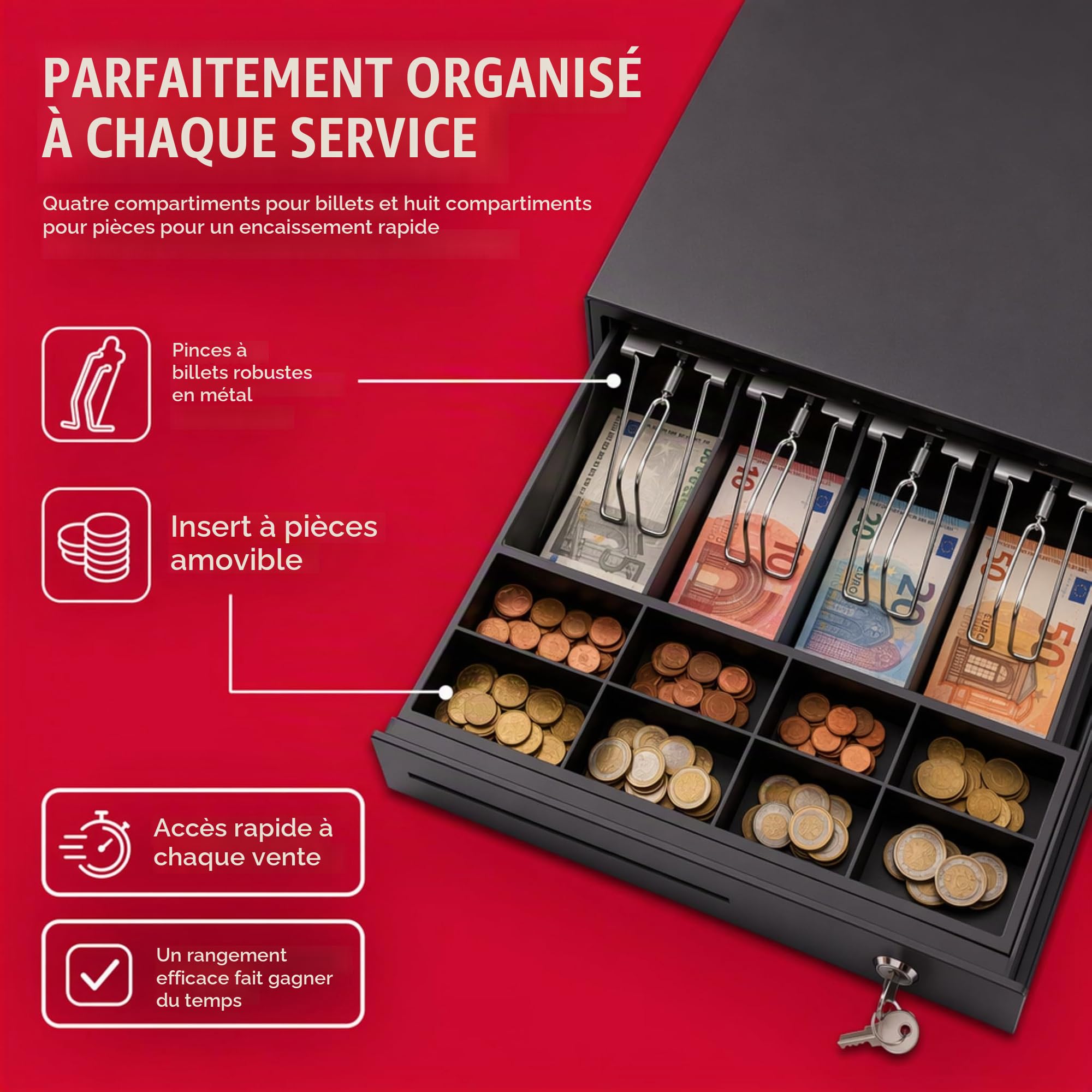 Olympia MD 335C Tiroir-caisse avec 4 compartiments pour billets et 8 pour pièces - Connecteur RJ-12 12-24 V inversell. Caisse enregistreuse solide de 36,8 x