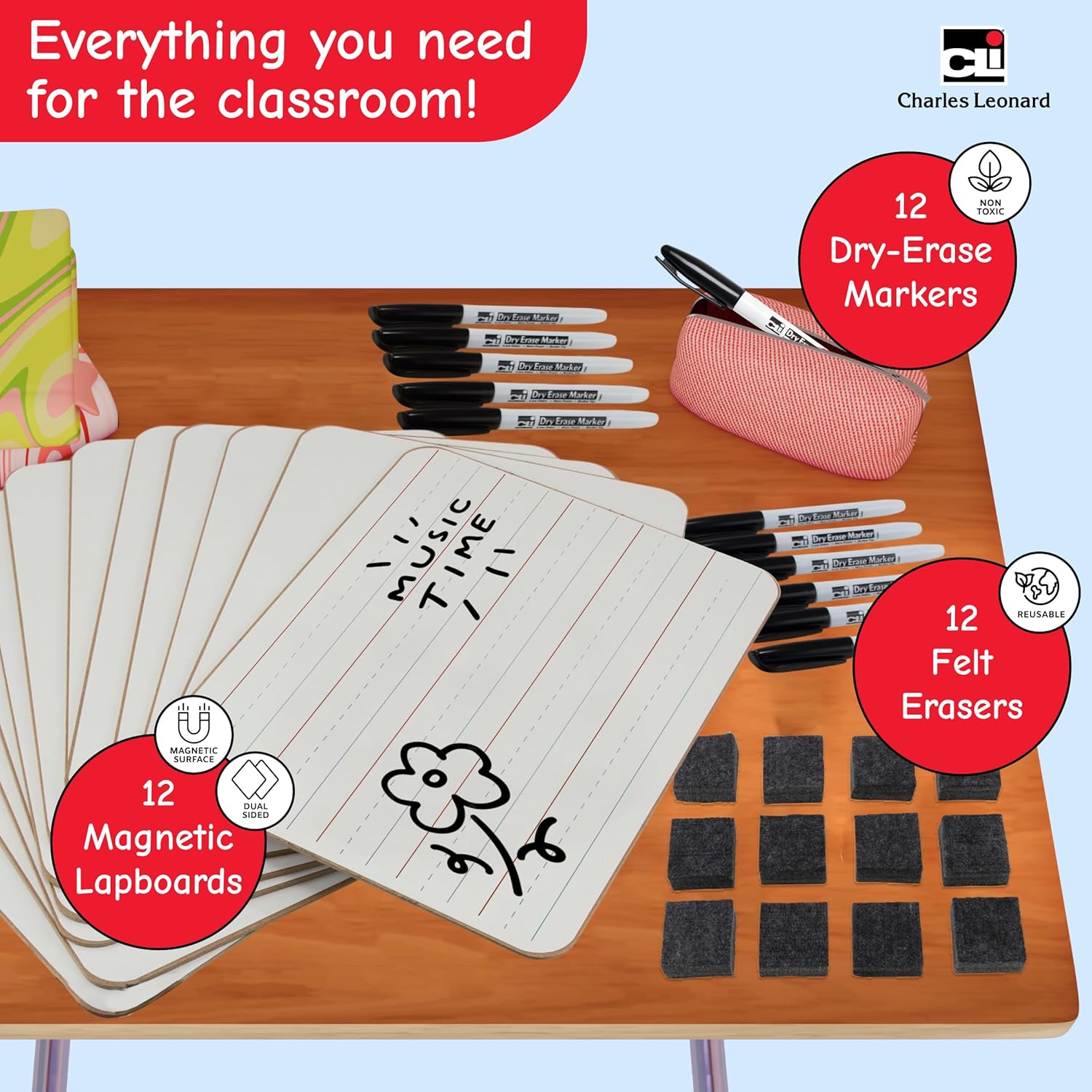 Charles Leonard Magnetic Lapboard Class Combo Pack, Includes 12 Each: 2 Sided Plain/Lined 9 x 12 Inch White Boards, 2-Inch Erasers, Black Dry Erase Markers (35045)
