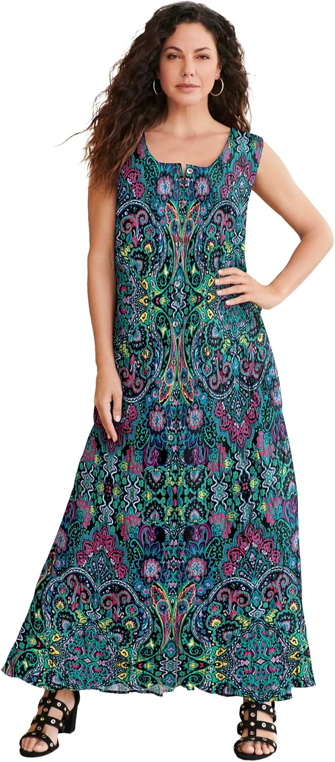 Roaman's Women's Plus Size Button-Front Crinkle Dress with Princess Seams