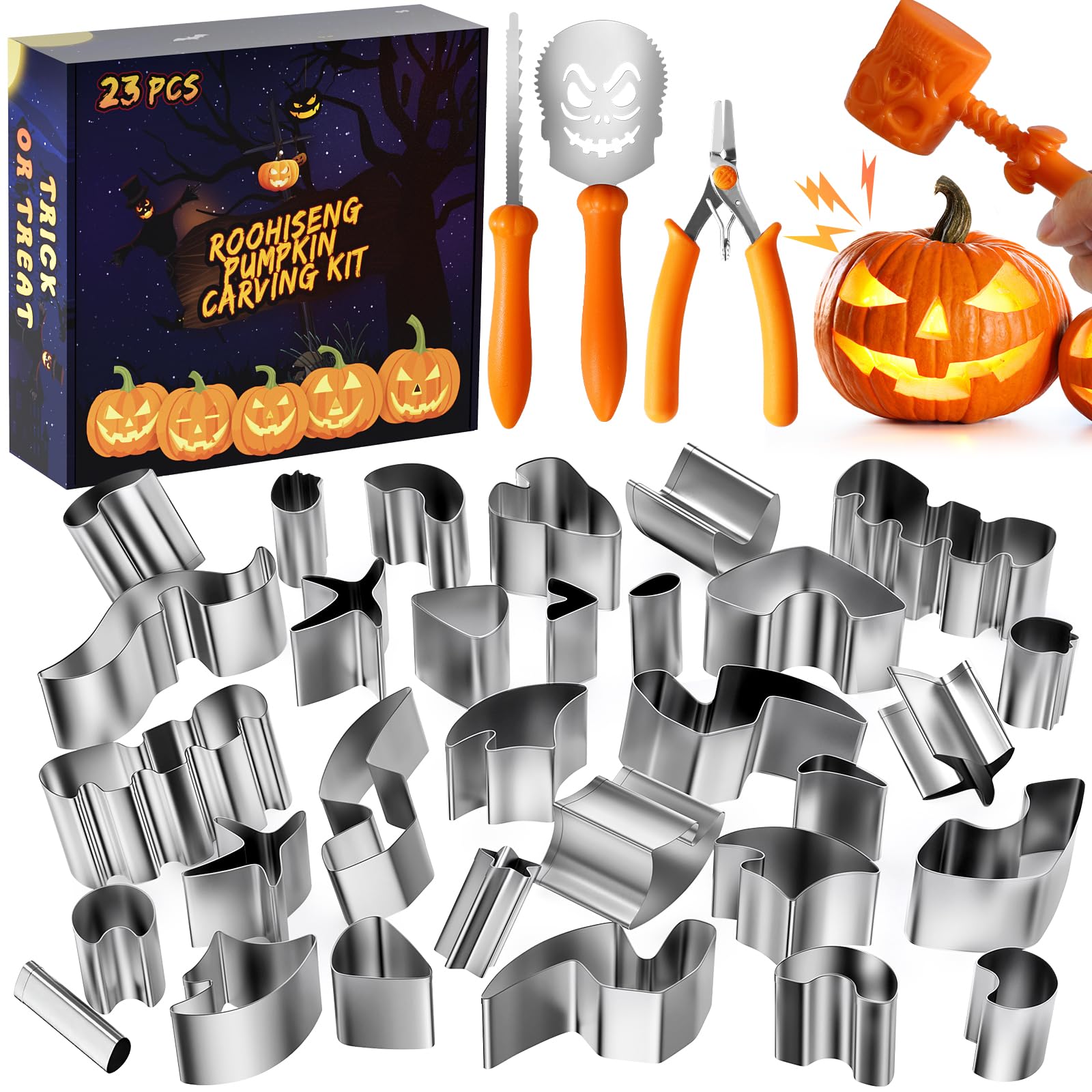 Pumpkin Carving Kit Tools, Halloween Cookie Cutters Set Stainless Steel, Safe Pumpkin Carving Stencils DIY Halloween Decoration Jack O Lanterns (23)