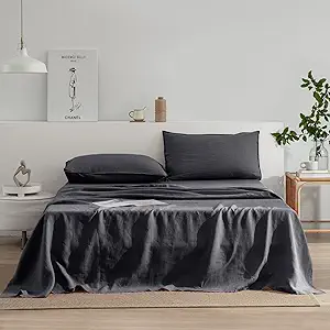EVERLY Linen Queen Sheets Set, 100% Stonewashed French Linen Bed Sheets Deep Pocket Sheets, 4 Pieces (1 Flat Sheet, 1 Fitted Sheet, 2 Pillowcases) Natural Flax Bedding Set-Dark Grey
