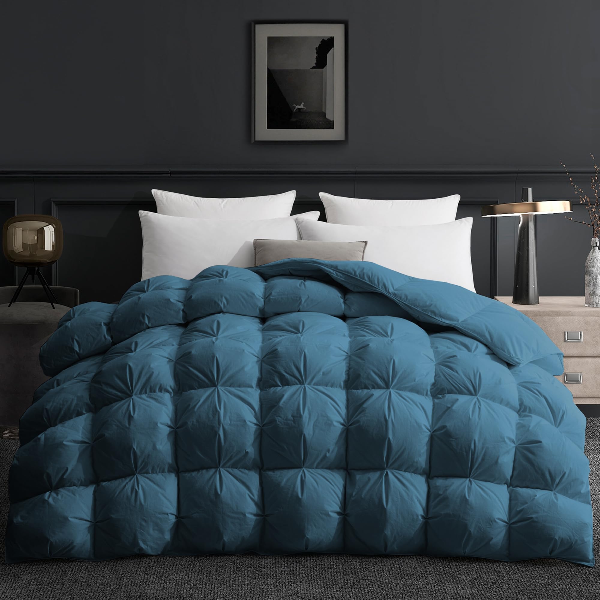 UNIKOME Edredón de Plumas y Plumón Cama 80, 100% Algodón, Relleno Nórdico Plumón para 4 Estaciones, Diseño con Pliegue Pinzado, Certificado Oeko-Tex (Marina, 220x240cm)