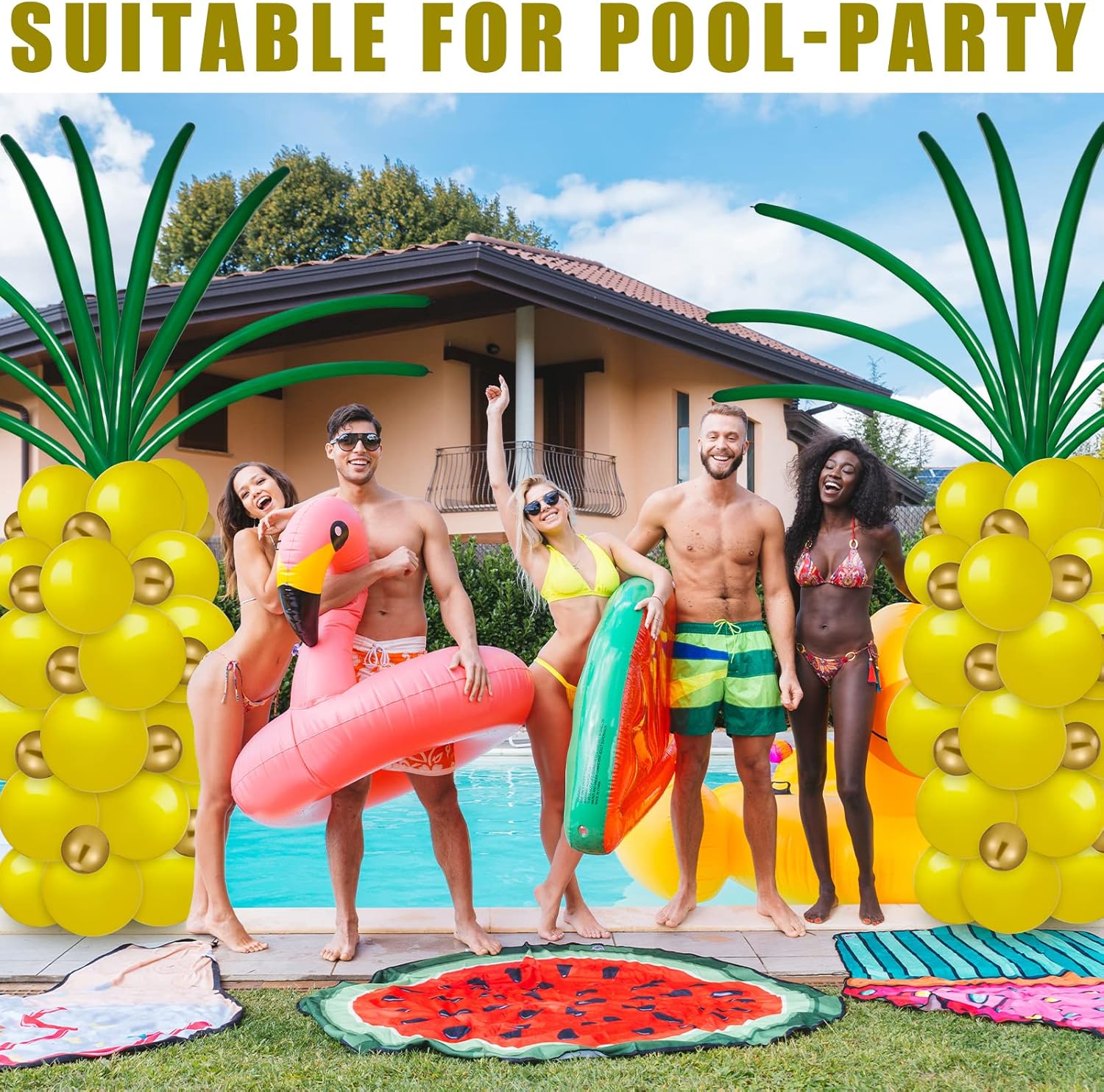 130 Pcs Tropical Garland Kit With Pineapple Balloons - 5'' 10'' 12'' Yellow Gold Green Long Latex Fruit Balloons for Summer Luau Hawaii Aloha Birthday Party Decorations