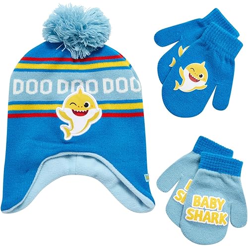 Nickelodeon Boys' Baby Shark Winter Hat and 2 Pairs of Mitten Set (Toddler)