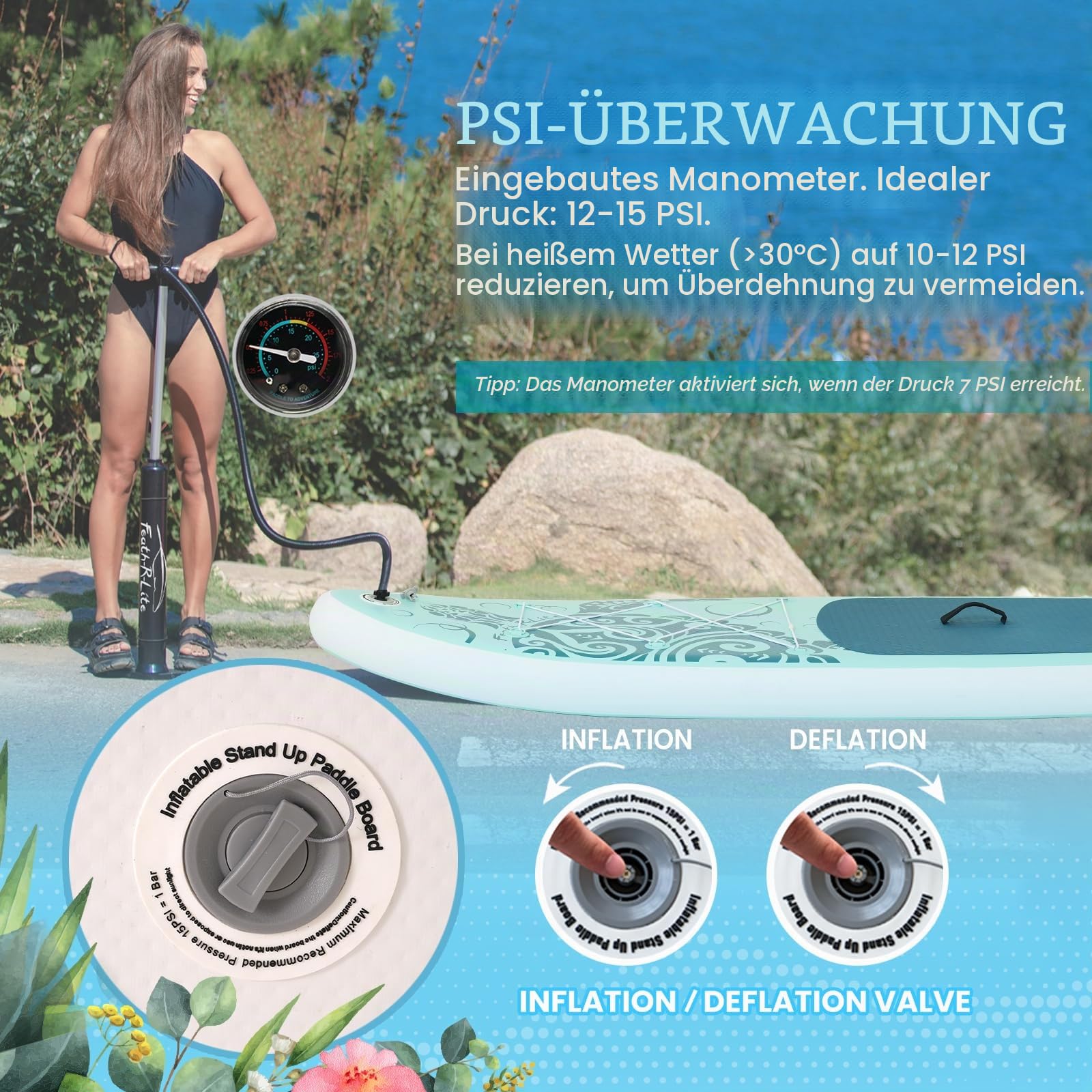 FEATH-R-LITE Aufblasbares Stand Up Paddle Board Ultraleicht Paddleboards - SUP Zubehör Verstellbares Paddel, Pumpe, Rucksack, Leine, Flossen für alle Schwierigkeitsstufen