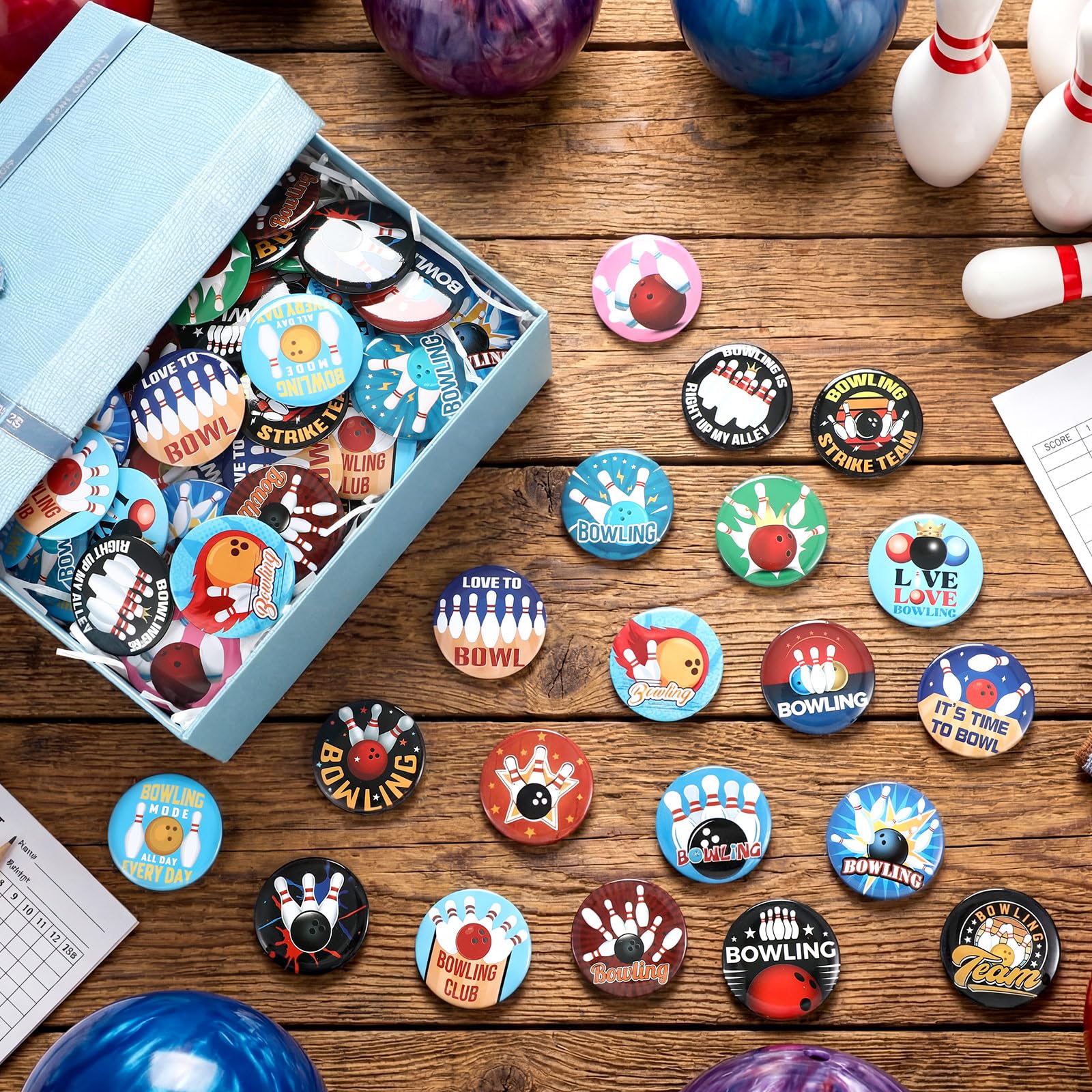 Huquary 80 Pcs Bowling Buttons Pins Funny Sport Graduation Gifts Brooch Lapel Pins for Jacket Backpacks Tote Bags Hats Bowling Lovers Souvenirs Accessories Gifts for Team Awards Prizes Women Men