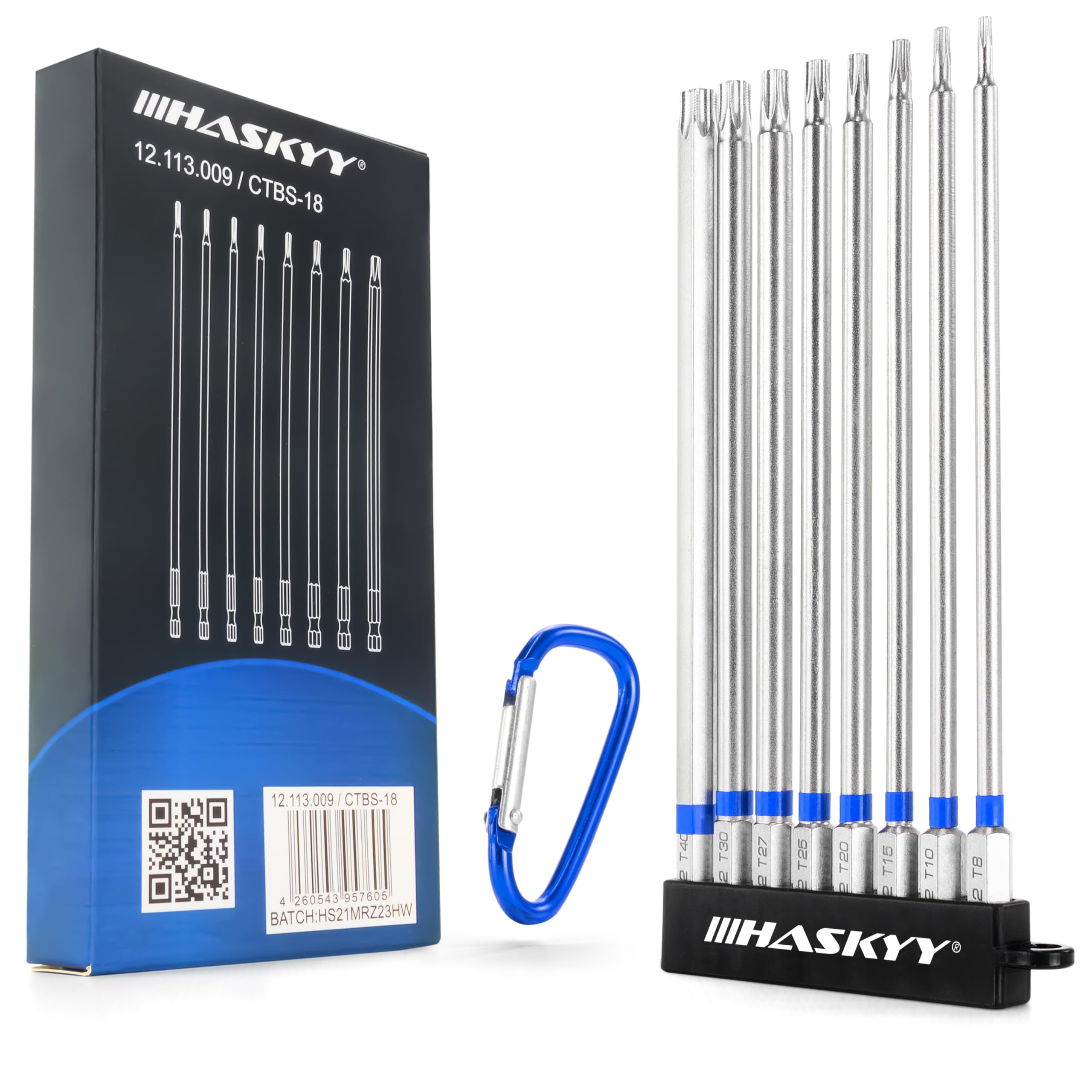 HASKYY Set Inserti Torx 150 mm 8 Inserti Torx Lunghi Magnetici in Acciaio S2, T8-T40, Attacco Esagonale 1/4", per Avvitatore, Trapano, Auto, Moto e Bicicletta