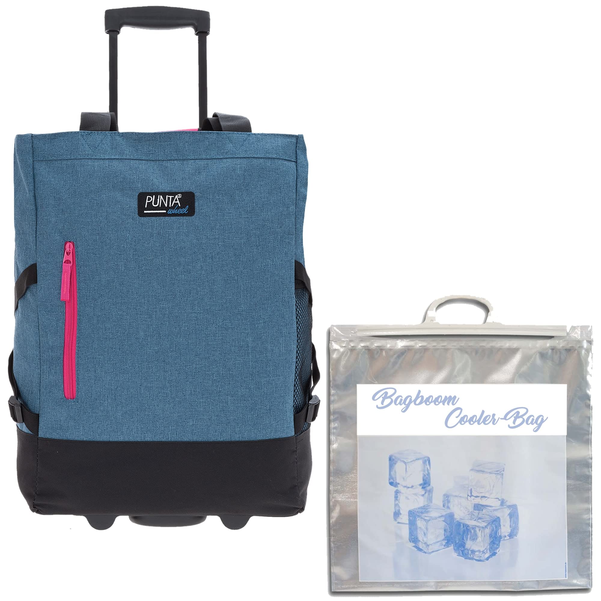 Einkaufstrolley Trolley groß Einkaufsroller faltbar Punta Wheel 35 Liter Volumen Alu Stange Schulter-Handgurte Auswahl + Thermo Kühltasche (TT Blau RV Rot 10183 5300 + Bagboom Tasche)