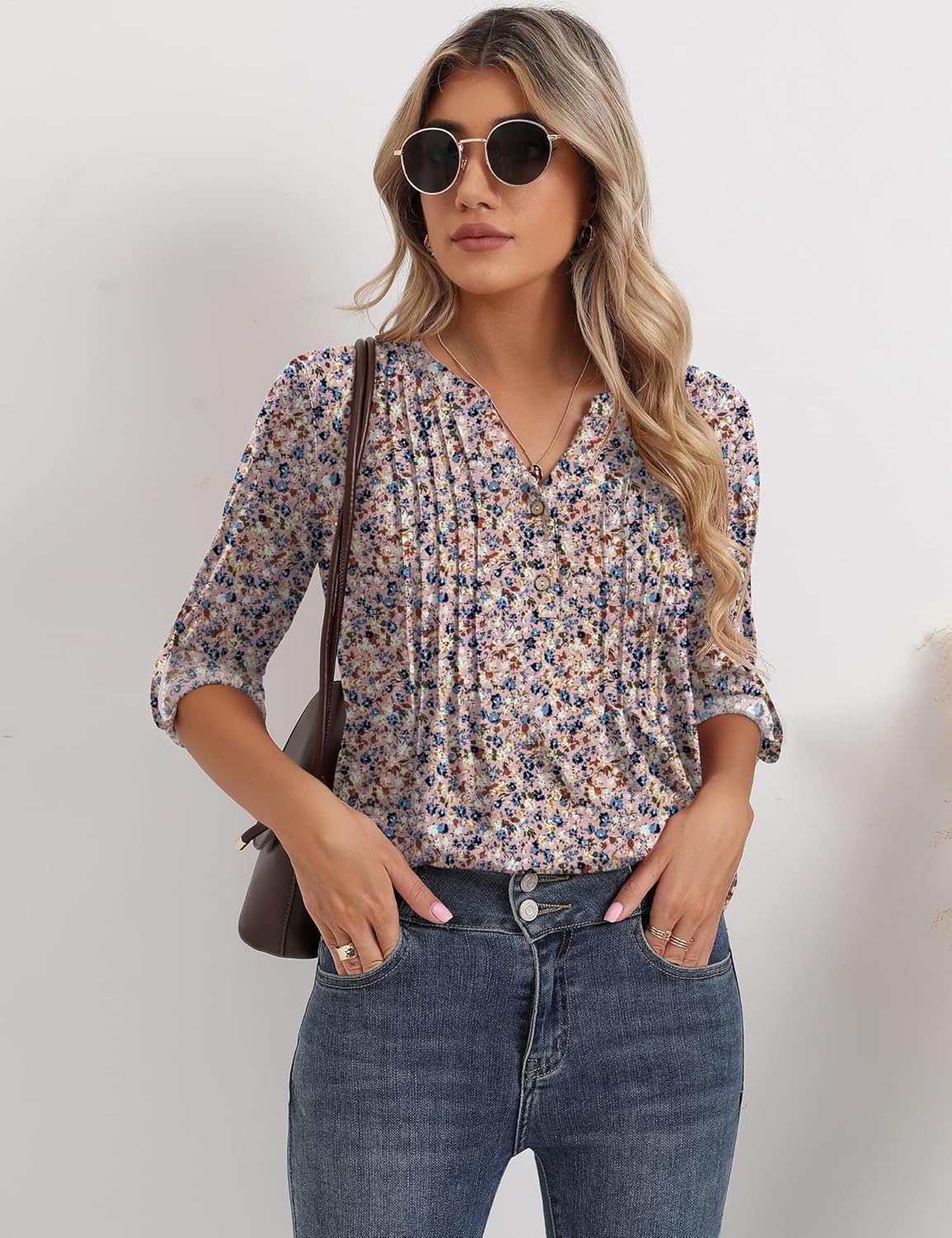 3/4 Sleeve Tops for Women V Neck Henley Long Sleeve Dressy Casual Shirts Ladies Loose Button-up Blouses Tunic - Image 3