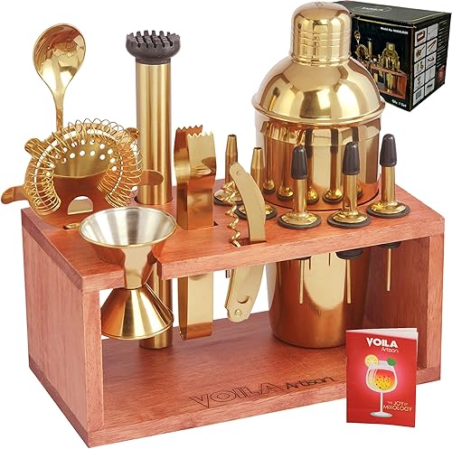 Miniatura 1 de Voila Artisan Juego de coctelera de alta calidad de 20 piezas con elegante soporte de madera de caoba, dorado