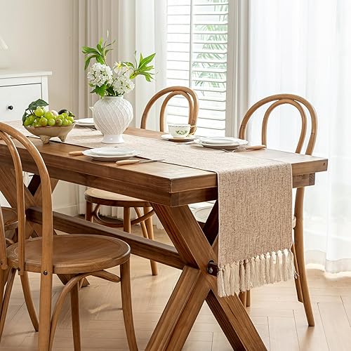 Miniatura 2 de Laolitou Camino de mesa marrón claro de 90 pulgadas de largo, camino de mesa bohemio de granja, textura de lino de arpillera, decoración rústica de
