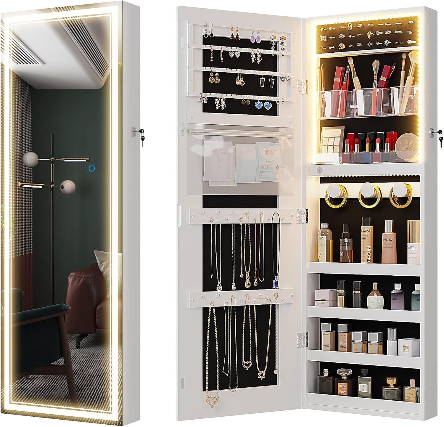 LVSOMT Lighted Mirror with Jewelry Storage, Jewelry Cabinet Organizer with Full-Length Mirror, Wall Mounted/Door Hanging LED Mirror, Dimming Lights & 3 Color Modes (White)