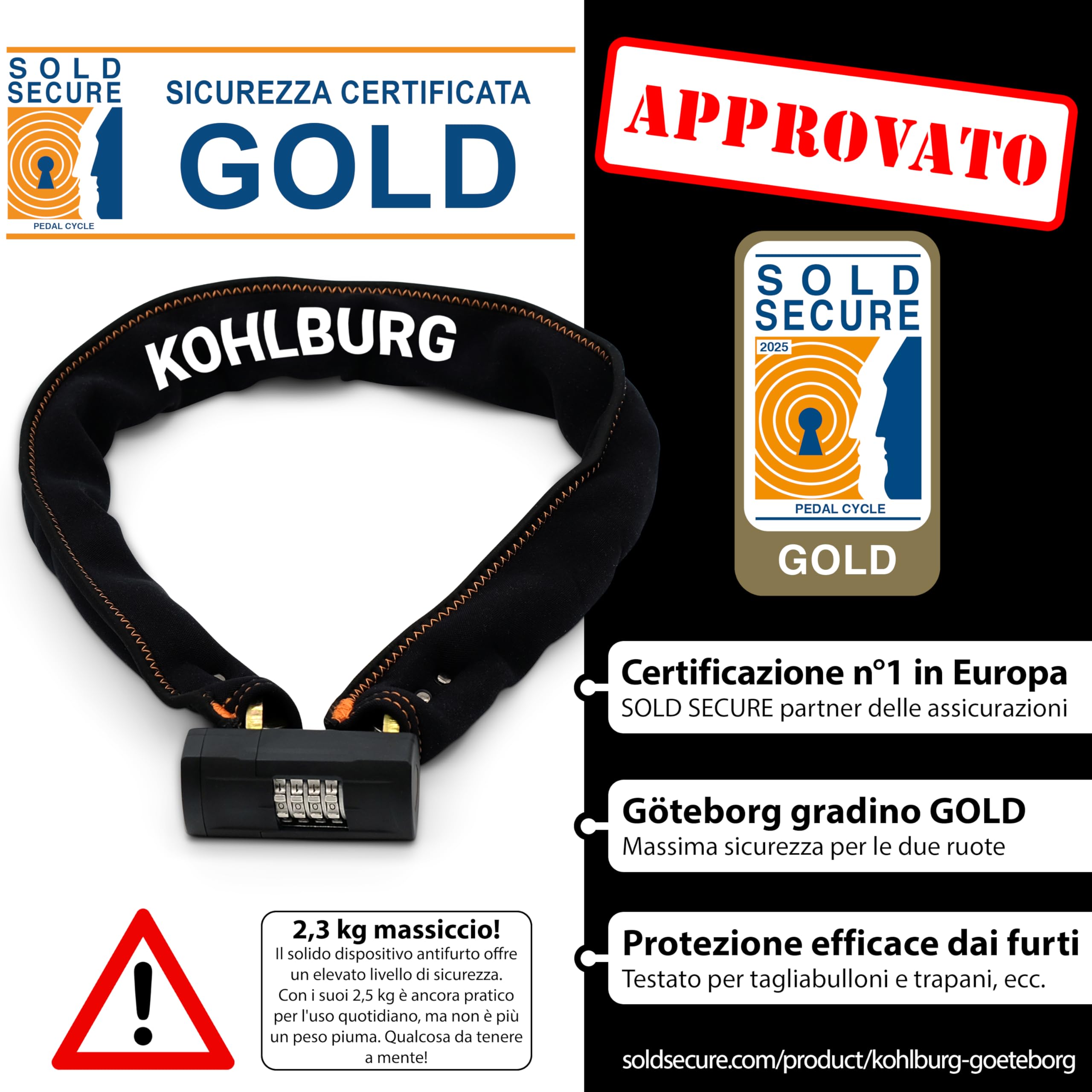 KOHLBURG antifurto massiccio 110 cm a combinazione con massima sicurezza [Sold Secure GOLD] – catena antifurto a combinazione & maglie da 8 mm – antifurto a codice per bici; e‑bike & moto