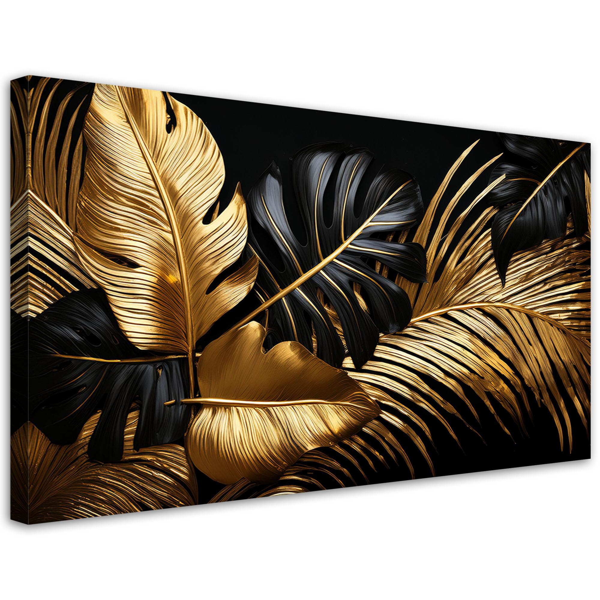 Feeby - Tableaux - Deco Tableau Murale - Feuilles dorées Glamour Loft - 120x60 1partie - Pour la Chambre et le Salon - Pour Chaque Pièce de Votre Appartement - Toiles pour le bureau