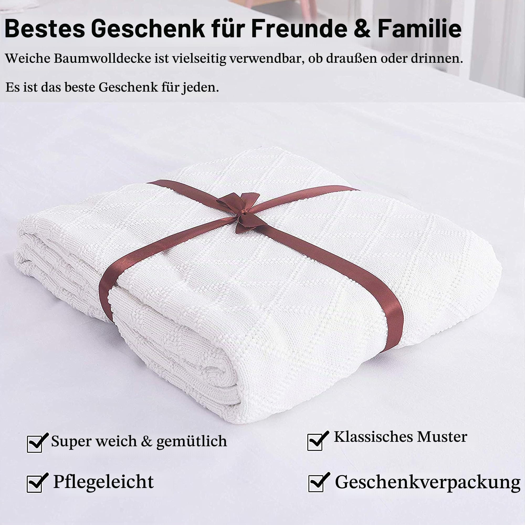 Shaddock Fishing Baumwolle Gestrickte Decke 4 Jahreszeiten Bettdecke- 130x180cm Ultra Weiche überwurf Decke Wohn-Kuscheldecke für Baby Couch Bett Sofa Stuhl Auto Büro (Rautenmuster, Weiß)