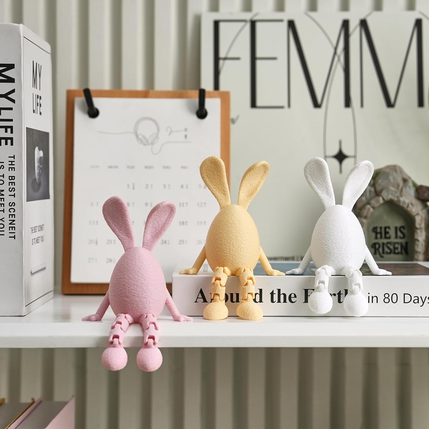 FESTGLOX Cute Rabbit Decor for Home, 3Pcs Poseable Easter Egg Bunny Figurines with Leg, 3D Printed Bunny Statues Table Decoration for Spring Shelf Decor Pink, White, Yellow Set of 3