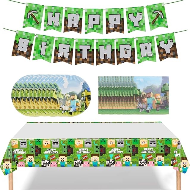 Miner Birthday Party Supplies, 32Pcs Miner Style Decorations for Birthday Party, Miner Party Supplies for Kids include Banner ,Table cloth ,Plates, and Napkins