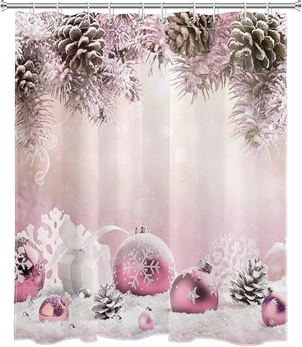 Miniatura 2 de Pink Christmas Shower Curtain for Bathroom Christmas Ball with Snowy Pine Branches Bathroom Shower Curtains with Hooks, Winter Snowflake Bathroom