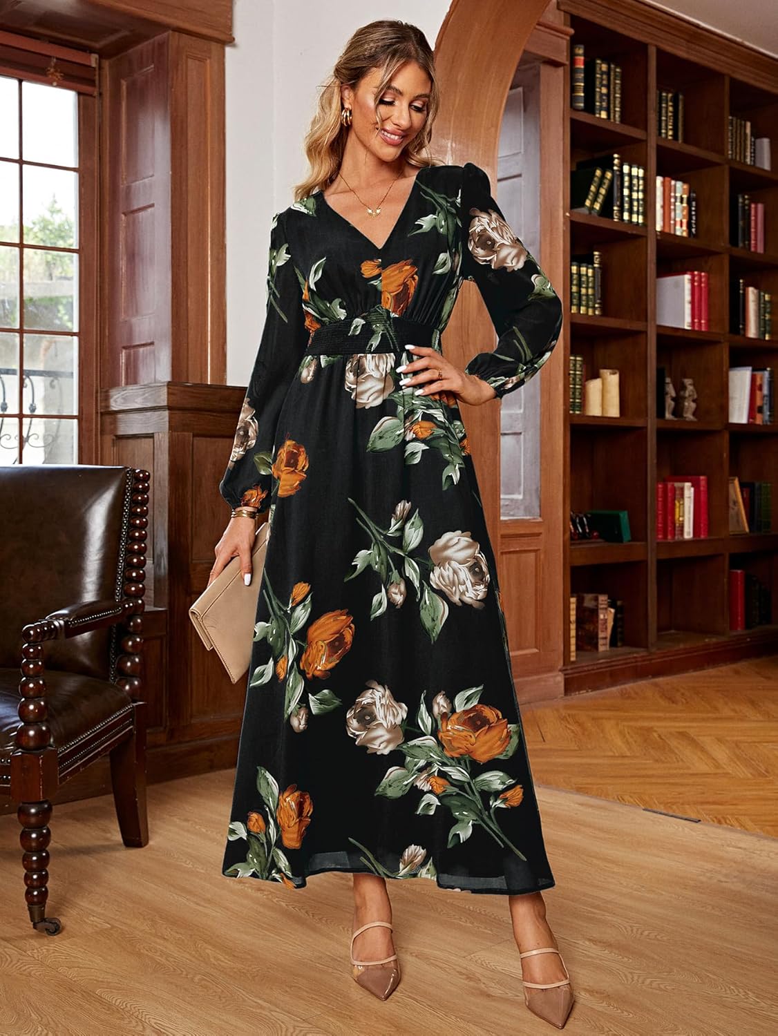 Simplee Women's Boho Floral Maxi Dress Flowy Casual V Neck Short Sleeve Wedding Guest Holiday Beach Long Dress - Image 2