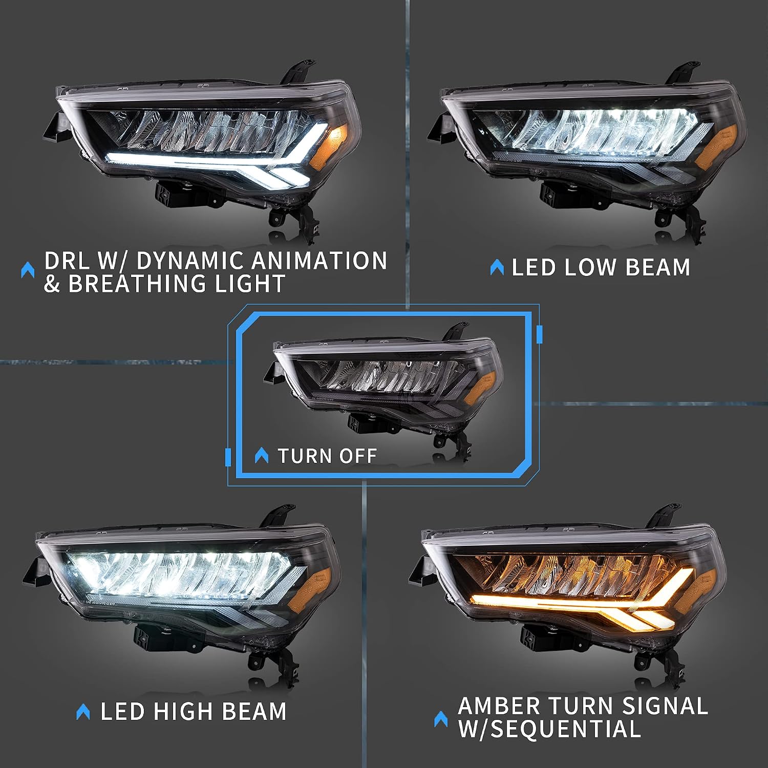 VLAND Projector Headlights Compatible with 4Runner 2014-2023 w/Amber Sequential Turn Signal w/Dynamic Animation& Breathing Lighting, Amber Reflector(Not Fit Led High/Low Beams Models)