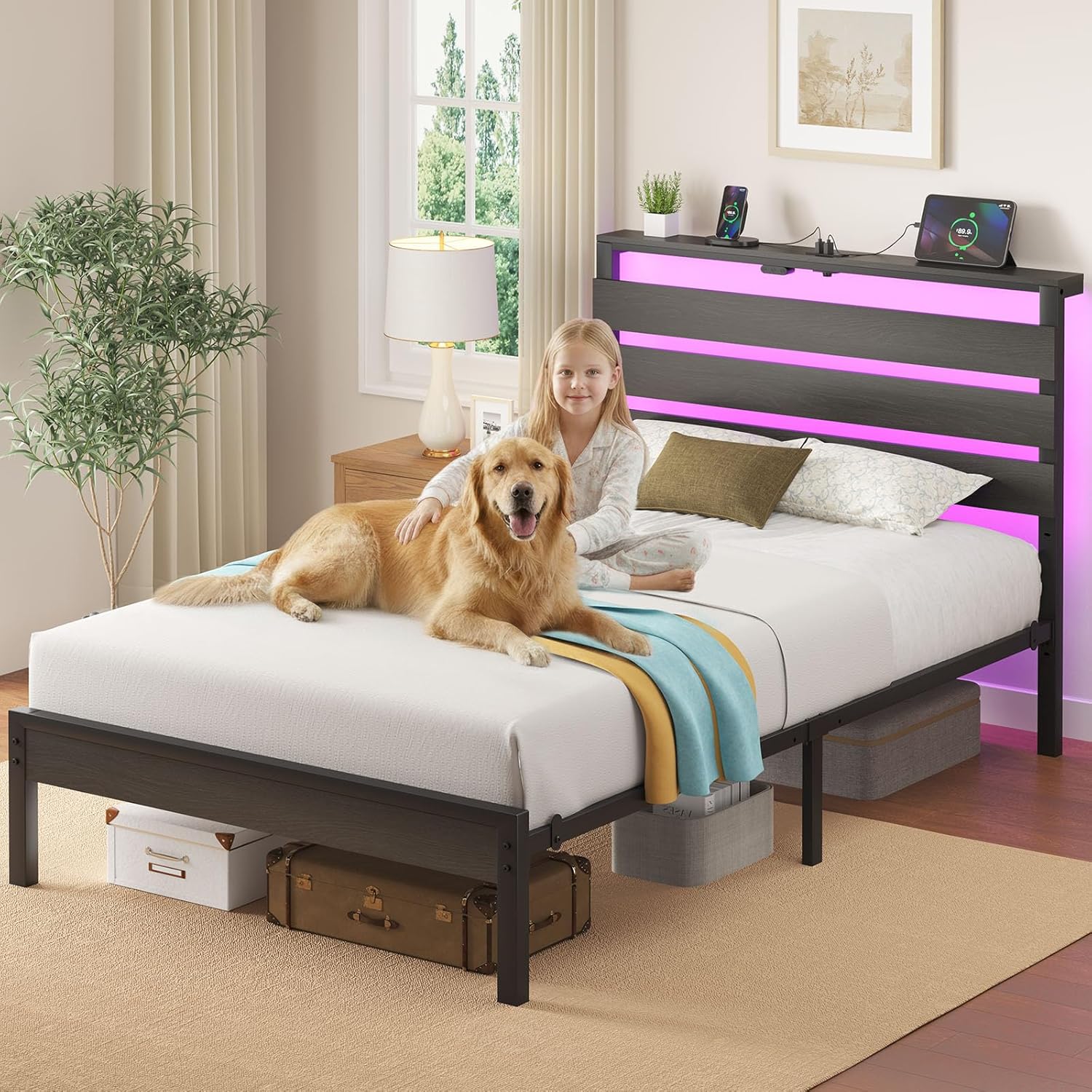 Rolanstar Bed Frame Twin Size with USB Charging Station, LED Bed Frame with Wood Storage Headboard, Black Metal Platform Bed with Under Bed Storage, No Box Spring Needed, Noise Free