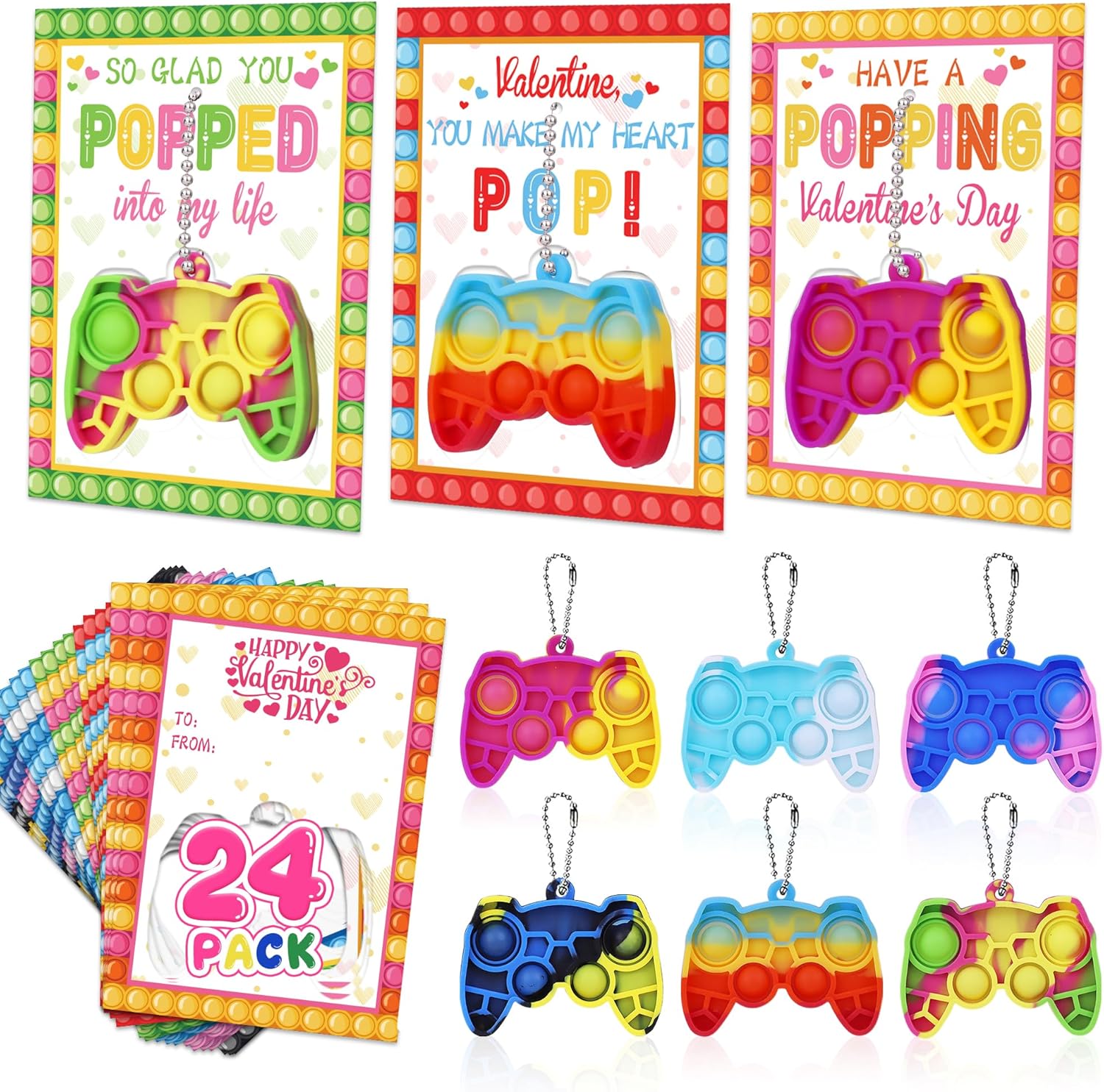 24Pcs Kids Valentines Day Cards, Mini Pop Fidget Keychain Valentines Day Gifts for Kids Classroom Prizes School Gift Exchange Bulk Party Favors for Boys Girls Valentines Treats Toy Goodie Bag Stuffers