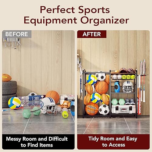 Miniatura 8 de Garage Sports Equipment Organizer, Ball Storage for Gear and Toys, Large Capacity, Sports Organizer for Garage with Hooks and Baskets
