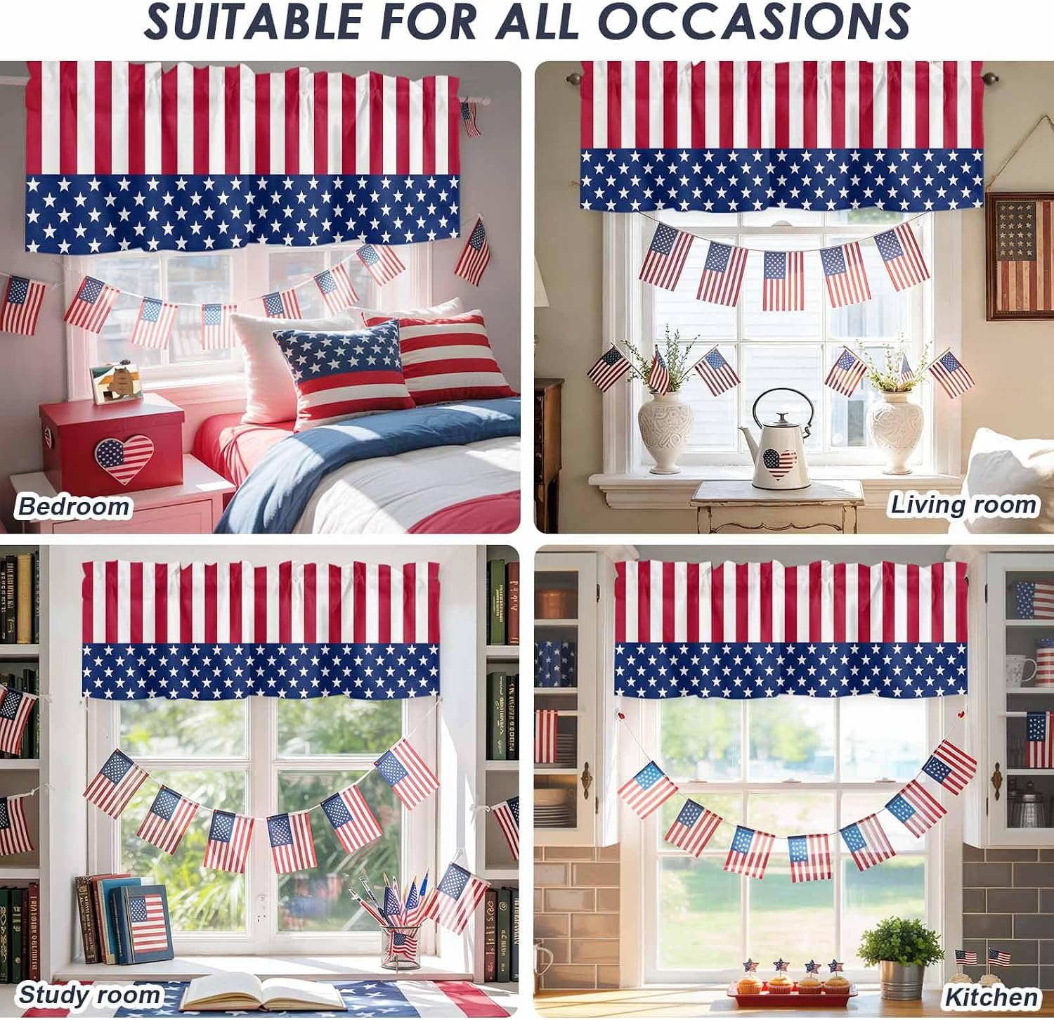4th of July Valance for Windows American Flag Curtains Valances Red White and Blue Star Stripes Valance Window Treatments Independence Day Short Curtains for Kitchen Living Room Holiday 54x18 Inch