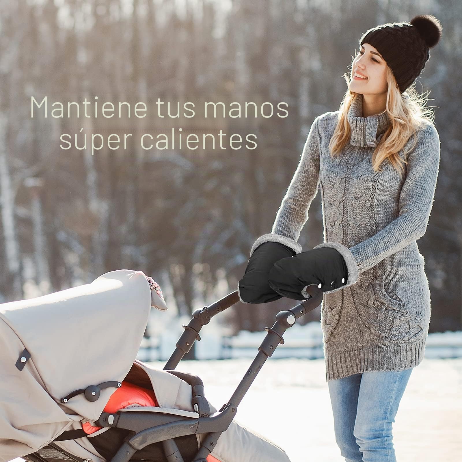 Guantes de Cochecito, Guantes Calientes para Cochecito Impermeables Extra Gruesos Para Todos los Cochecitos - Negro
