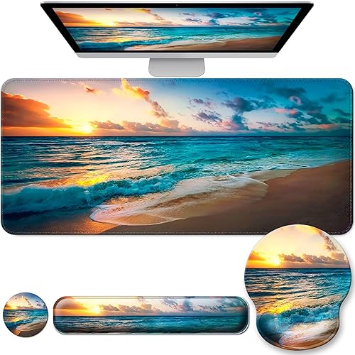 Miniatura 32 de Juego de alfombrillas de escritorio + teclado y alfombrilla para mouse con soporte para reposamuñecas, alfombrilla grande 4 en 1 para computadora