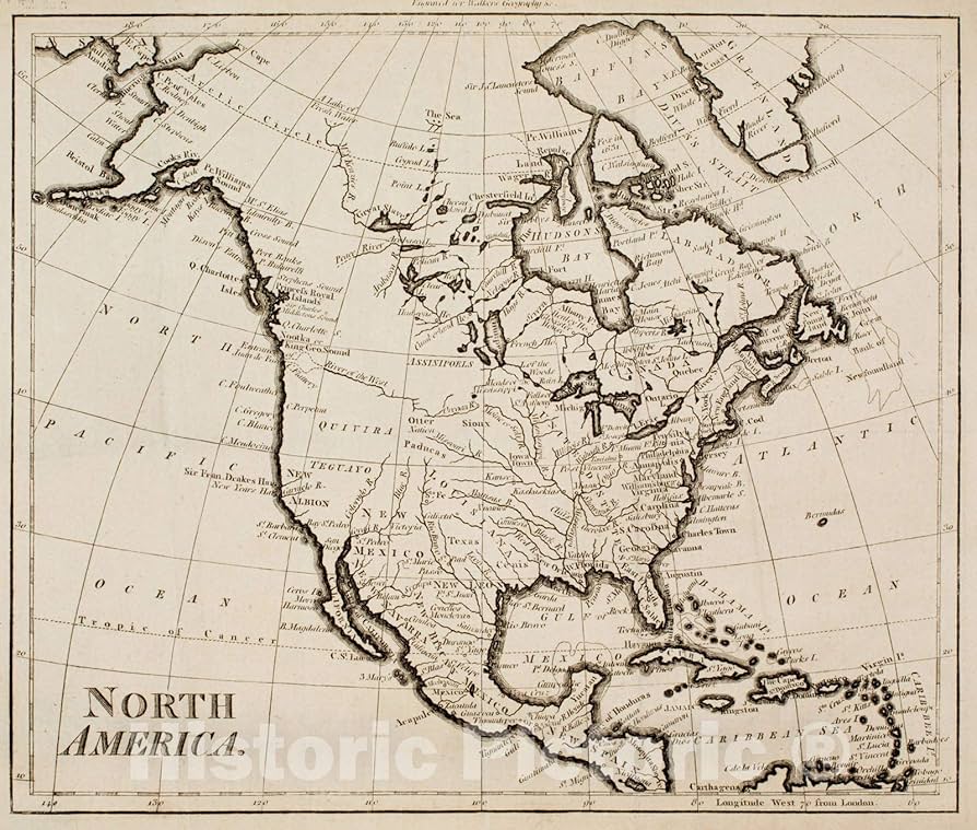 アンティーク　1800年代中央アメリカの地図 Amazon.com: Historical Map, ca. 1800 North America, Vintage Wall