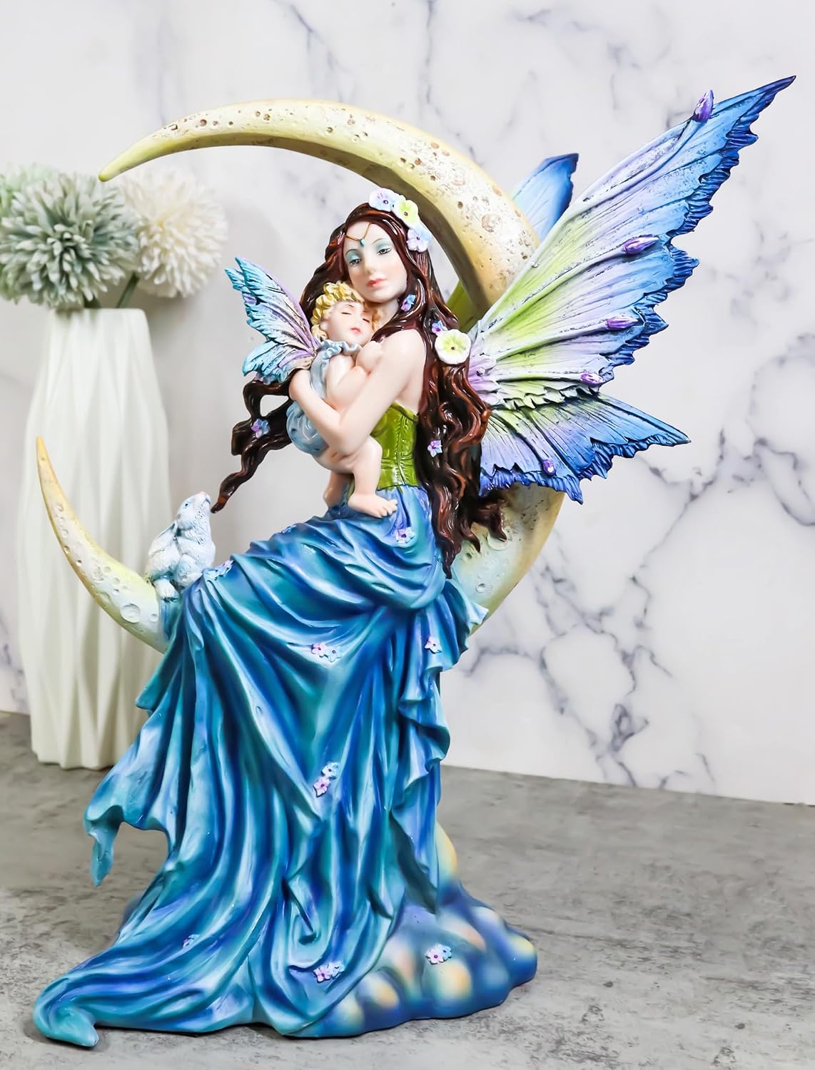 Ebros Gift Celestial Dream Voyage Crescent Moon Lullaby Mother Fairy in Blue Gown Embracing Her Child Baby Statue 12" H by Nene Thomas Decorative Mythical Fantasy Figurine Collectible