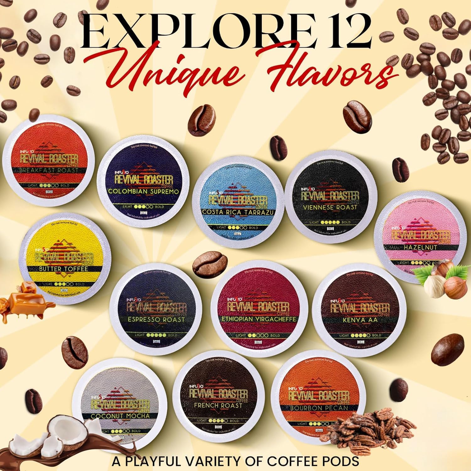 InfuSio Coffee Pods Variety Pack – 48 Count, 12 Crafted Medium & Dark Roast Blends and Artisan-Inspired Flavors Like Bourbon Pecan & Butter Toffee, Revival Roaster Collection, Compatible with Keurig 2.0 Brewers