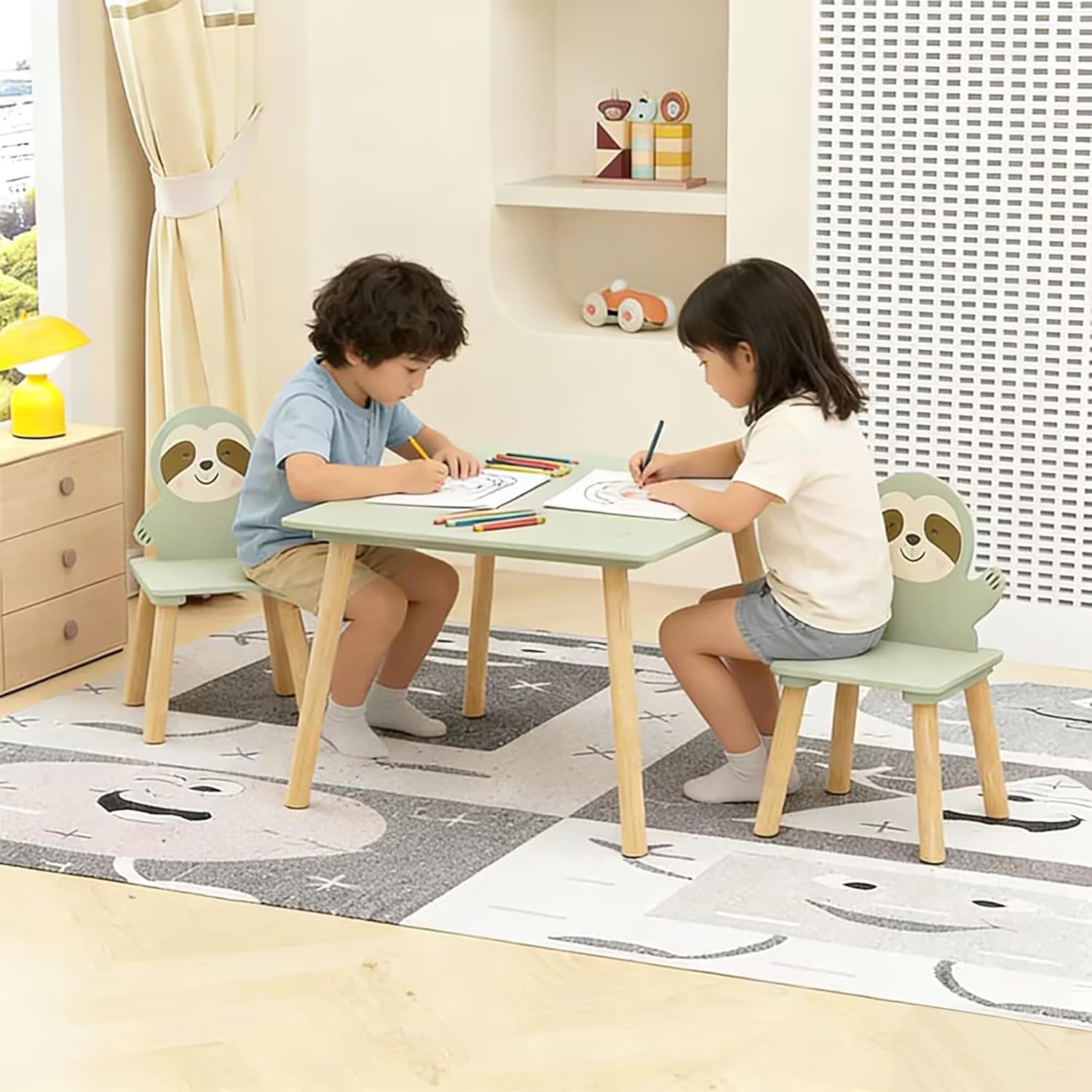 Kids Table and 2 Chairs, Toddler Wooden Stable Table and Chair Set (Sloth), 23.62" L x 23.62" W Desk for Classroom/Playroom/Daycare/Home (Aged 3-8), CPC & CPSIA Certificated
