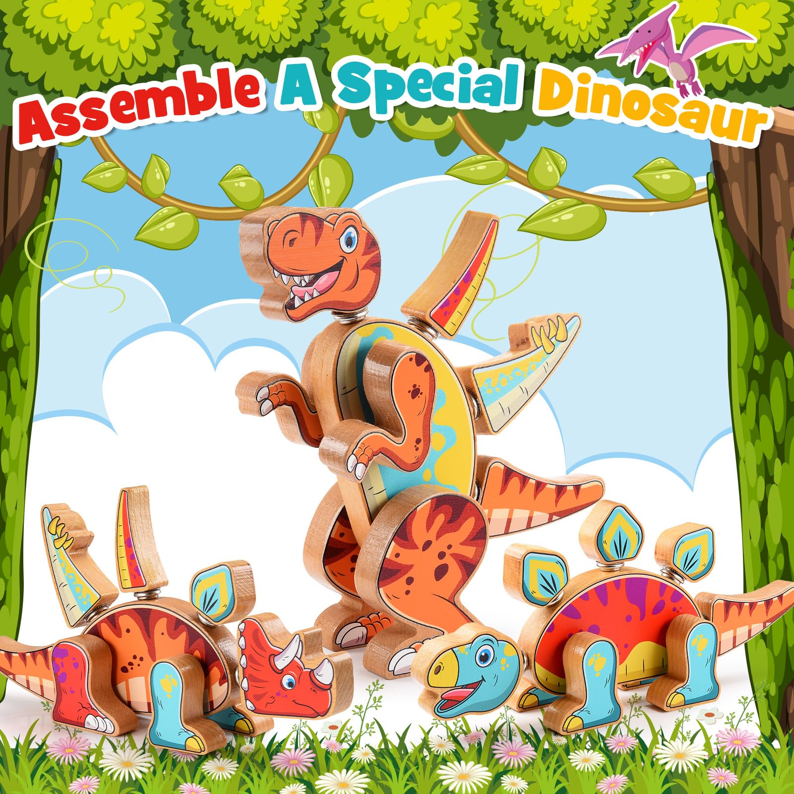 Holz Dinosaurier Zug - Montessori Spielzeug Ab 3 Jahre