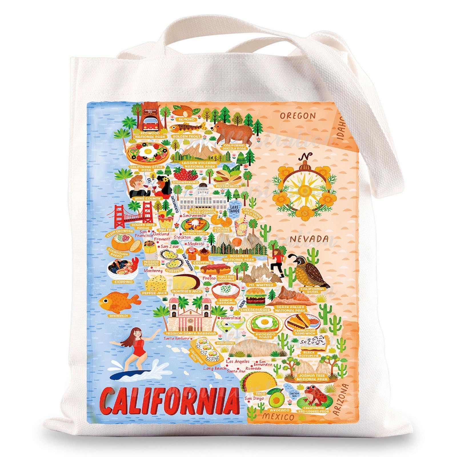 California Travel Tote Bag - Reusable Grocery Bag - Medium - San Francisco Sun - Adult Women