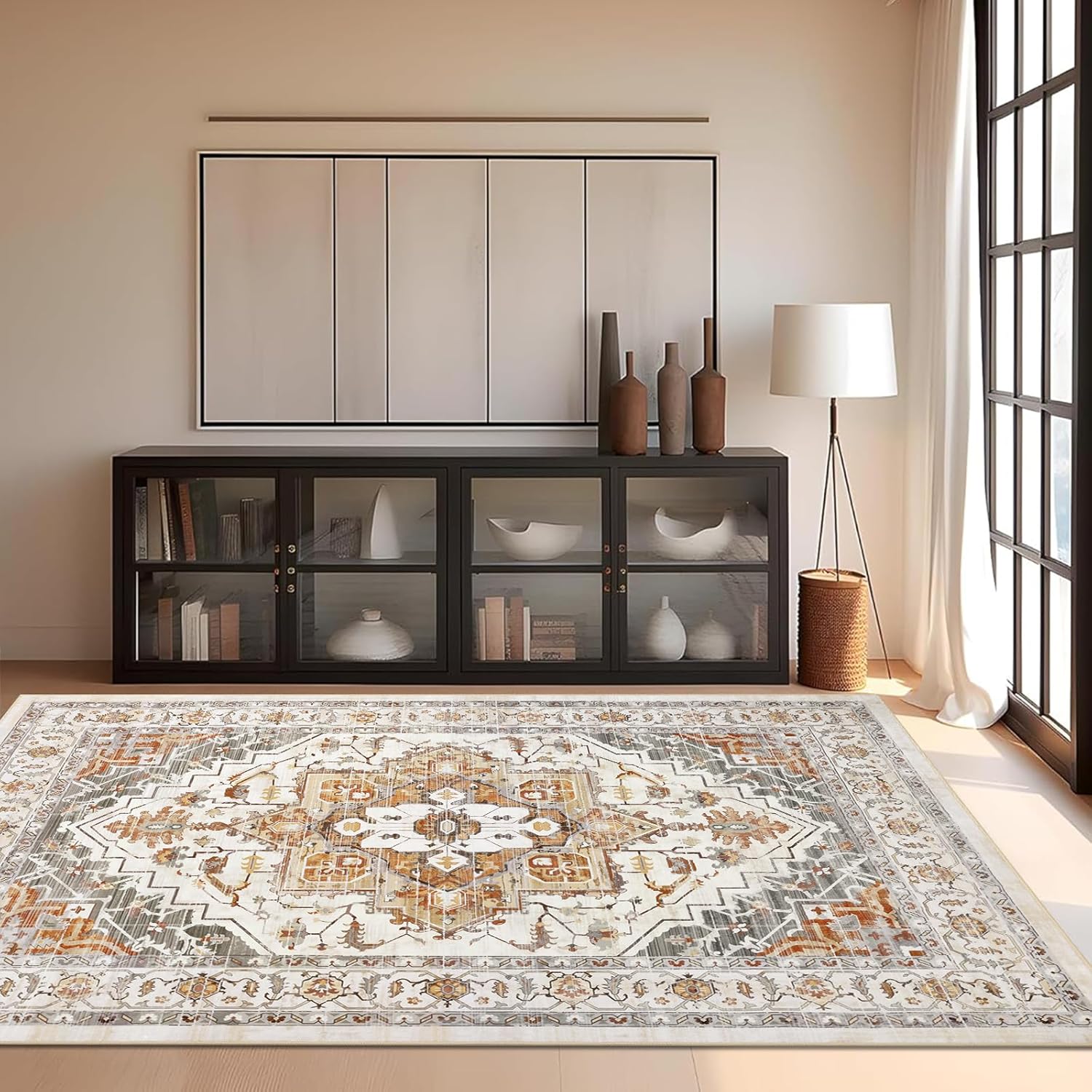 Pauwer Boho Area Rug 5x7, Large Washable Rugs for Living Room,Vintage Non Slip Bedroom Area Rugs, Ultra Soft Throw Rugs Low-Pile Floor Carpet Rug for Entryway Dining Room Dorm, Orange