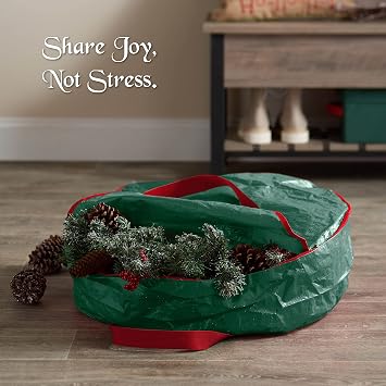 ZOBER Christmas Wreath Storage Container 30 Inch - Wreath Bag for Artificial Wreaths Box - Dual Zippered Wreaths Storage Bag with Strong Durable Handles - Green