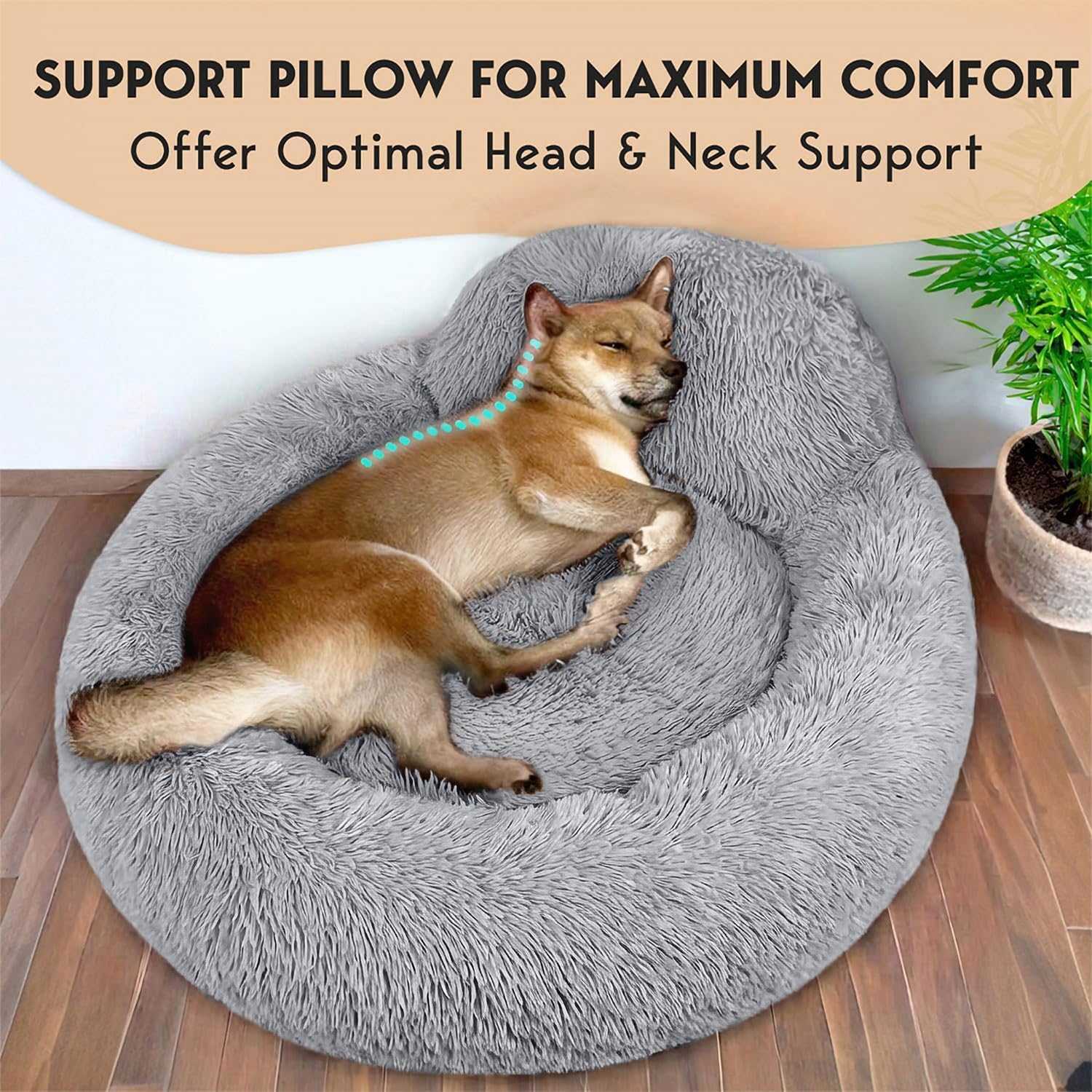 PetJett Calming Dog Bed Medium Size Dog - 30'' Donut Bed, Washable Dog Bed - Anti-Slip Super Soft Fluffy Plush Round Bed, Anti-Anxiety Premium Comfort Pet Bed, Fits Dogs up to 45 lbs - Bright Grey