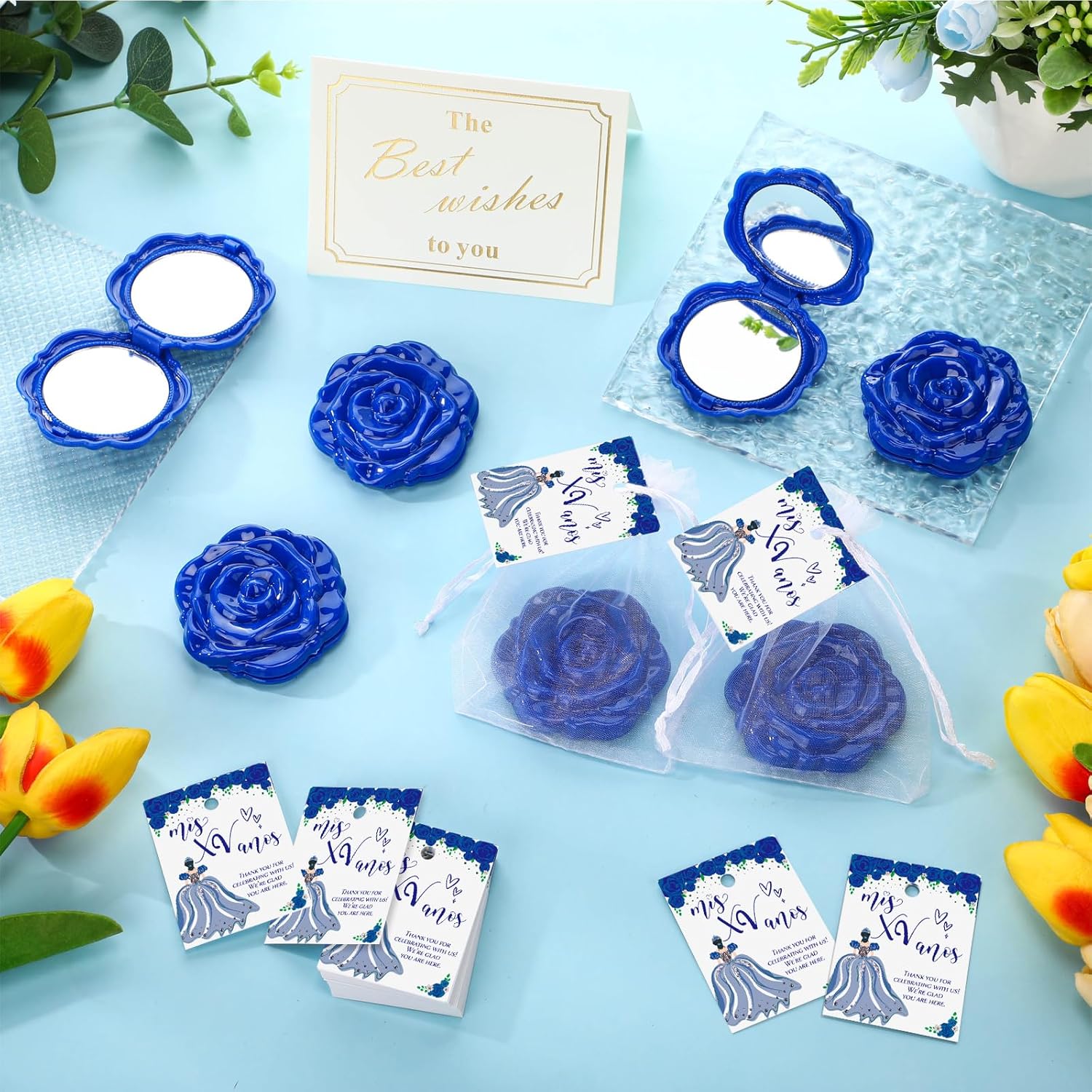 Wenqik 30 Sets Quinceanera Party Favors for Guests Rose Design Compact Pocket Mirrors Quinceanera Cards Thank You Gift and Organza Bags Sweet 15 Mis Quince Birthday Party Favor (Blue) - Image 5