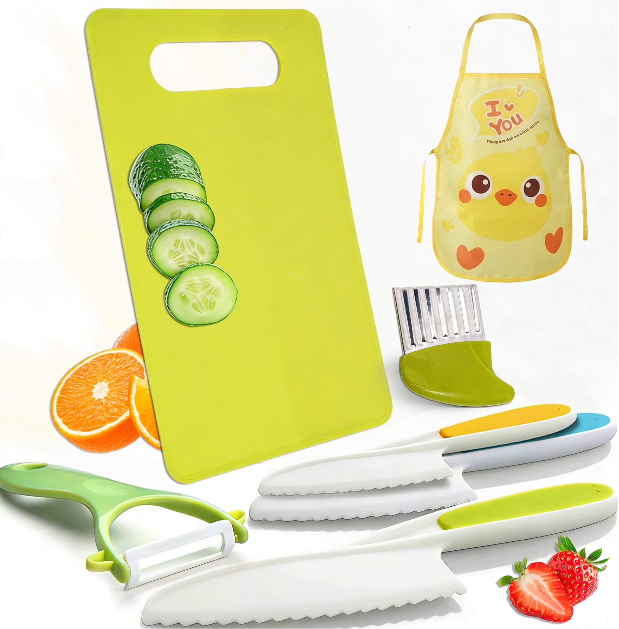 JoyPals Toddler Knife Set – 7-Piece Montessori-Inspired Kids Cooking Kit with 3 Safe Knives, Crinkle Cutter, Peeler, Cutting Board & Apron – Ages 3+