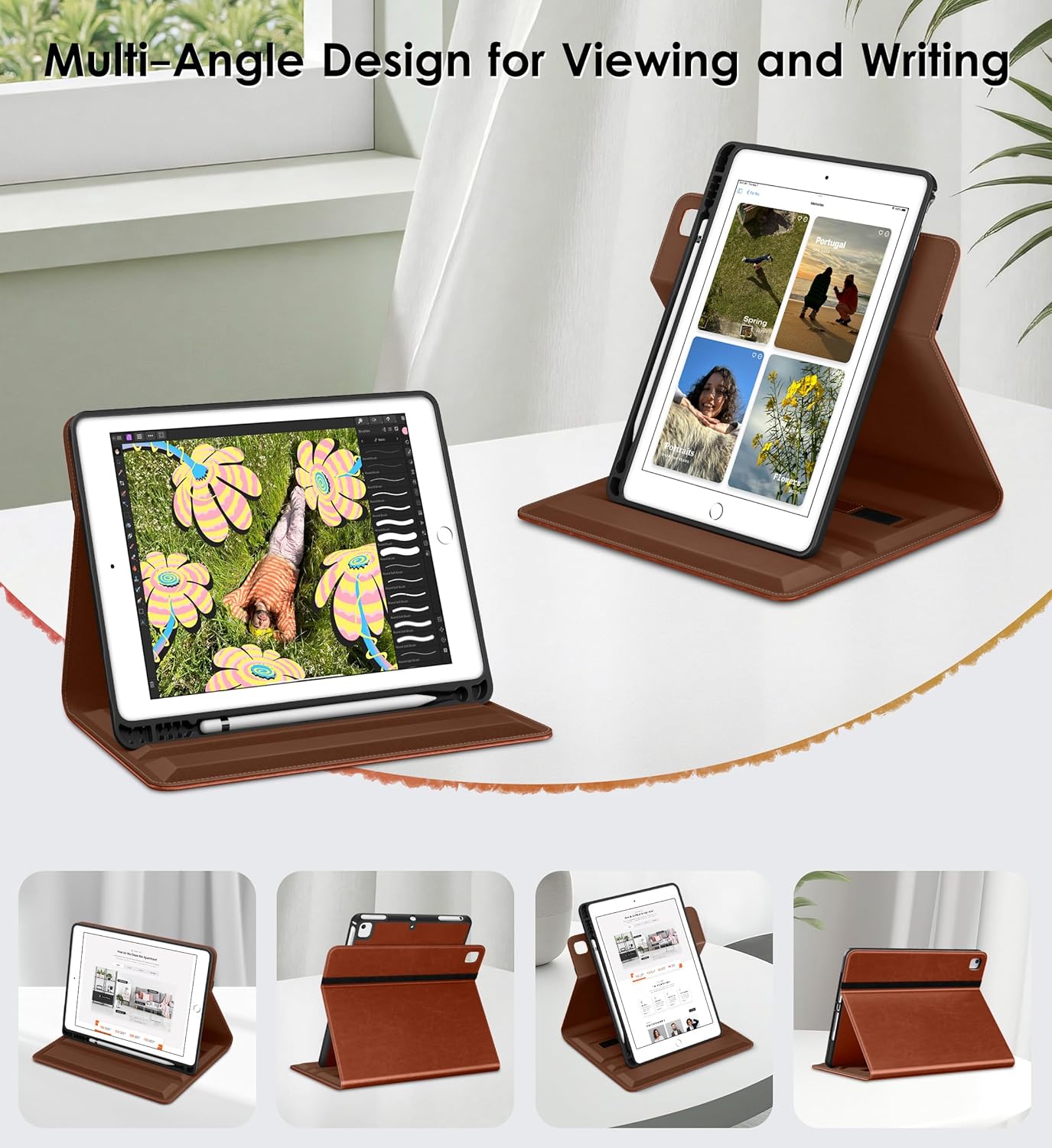 DTTO for iPad 6th / 5th Generation 9.7 Inch (2018/2017), iPad Air 2 / Air 1 Case, 360 Degree Rotating Premium Leather Folio Stand Cover with Pencil Holder, Brown