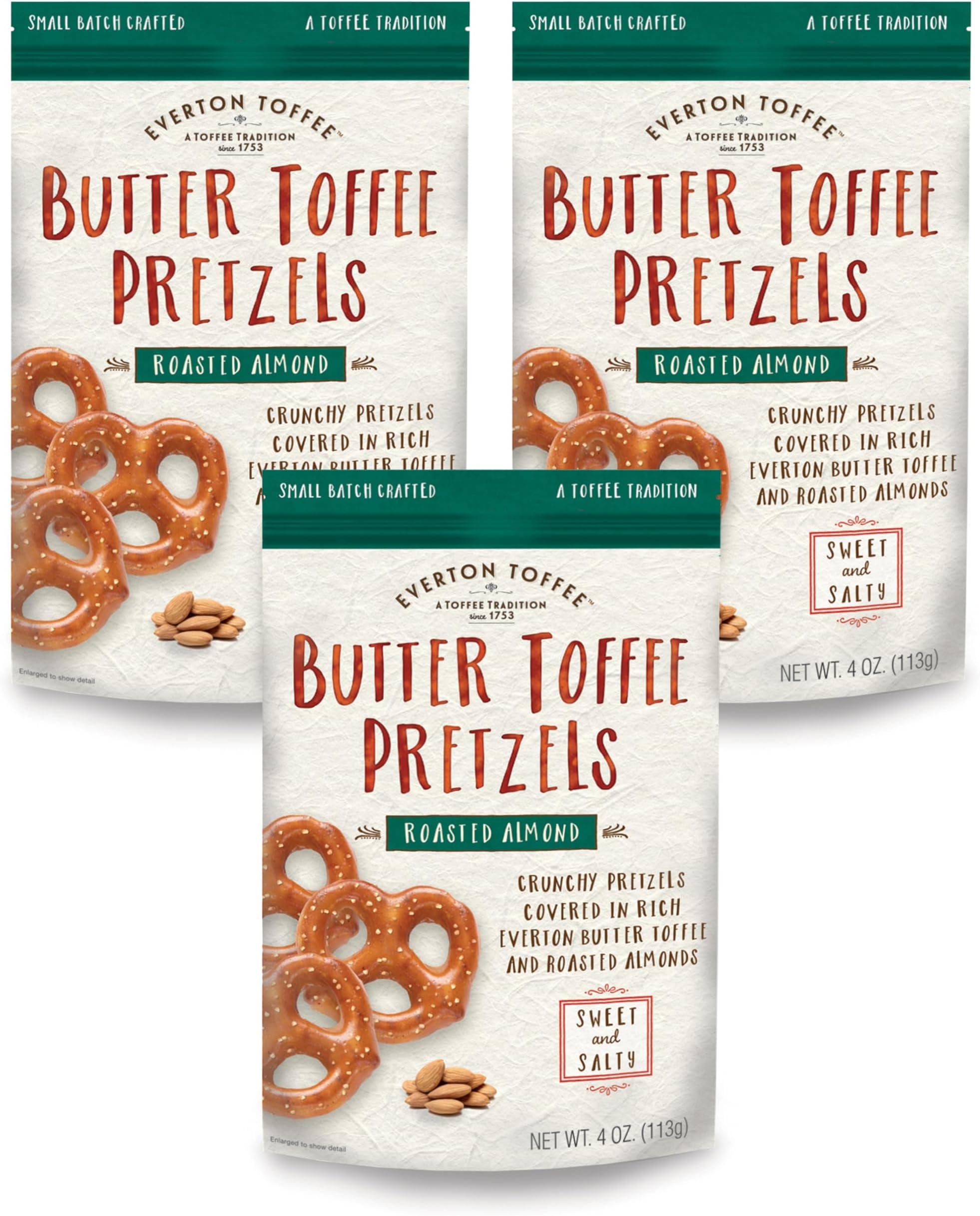 Everton Toffee Butter Toffee Pretzels, Roasted Almond Flavor (4 oz. bag, 3-pack), Gourmet Artisan Toffee Covered Pretzels, Sweet and Salty Mini Pretzel Snacks, Small Batch Crafted