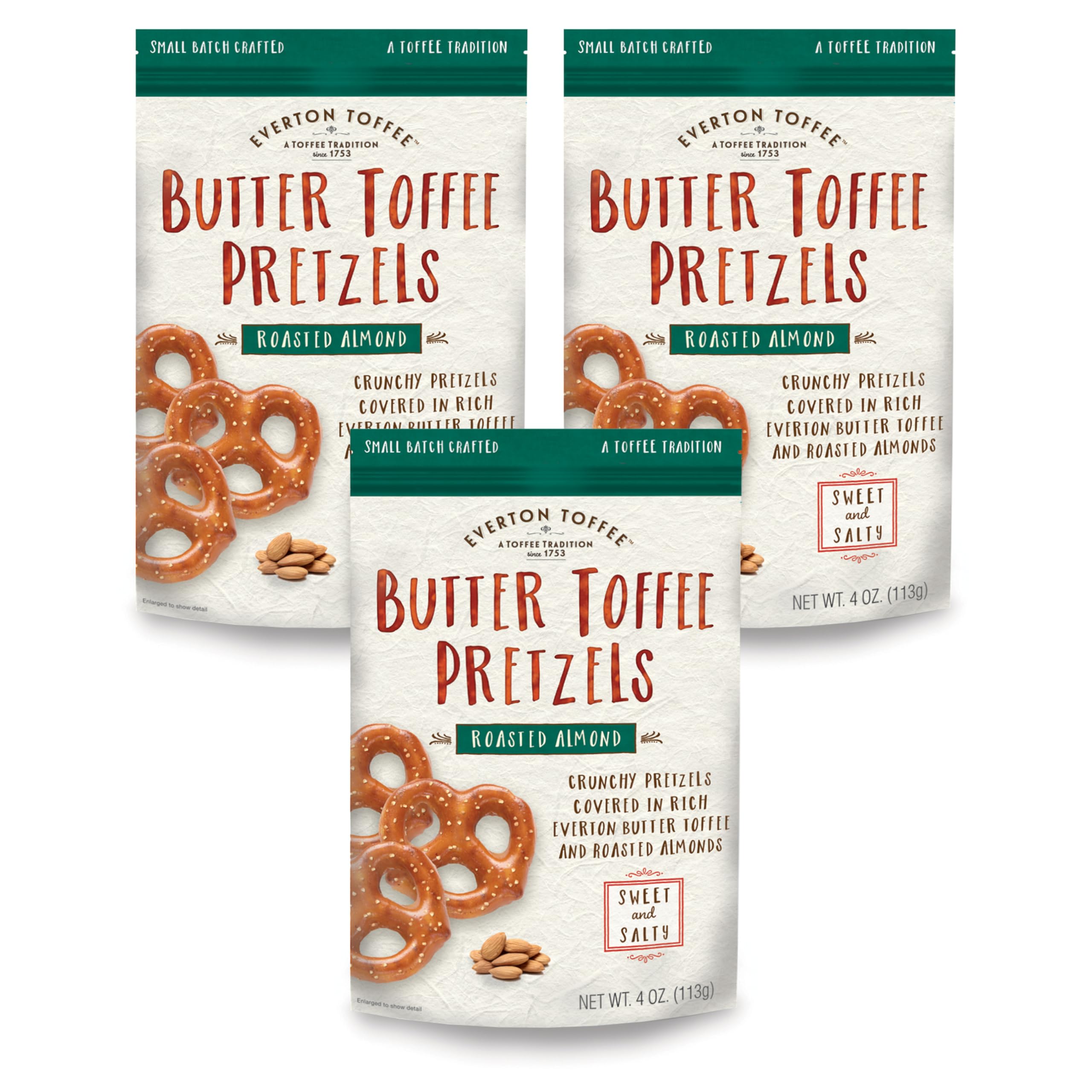 Everton Toffee Butter Toffee Pretzels, Roasted Almond Flavor (4 oz. bag, 3-pack), Gourmet Artisan Toffee Covered Pretzels, Sweet and Salty Mini Pretzel Snacks, Small Batch Crafted