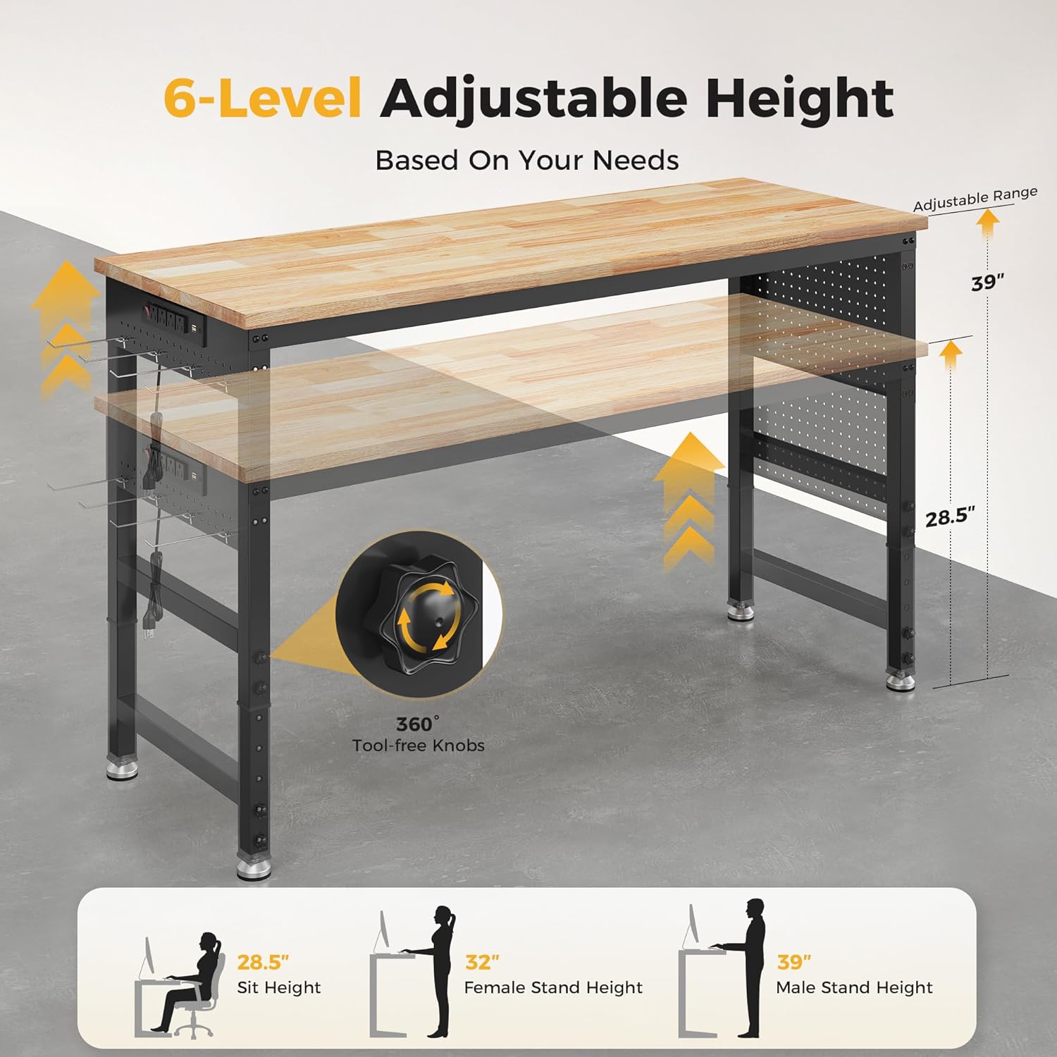 60" Adjustable Heavy Duty Workbench, 2000 LBS Load Capacity Rubber Wood Work Table with Pegboard, Power Outlets, Work Bench for Garage, Workshop, Office, Home, Commercial - Image 6