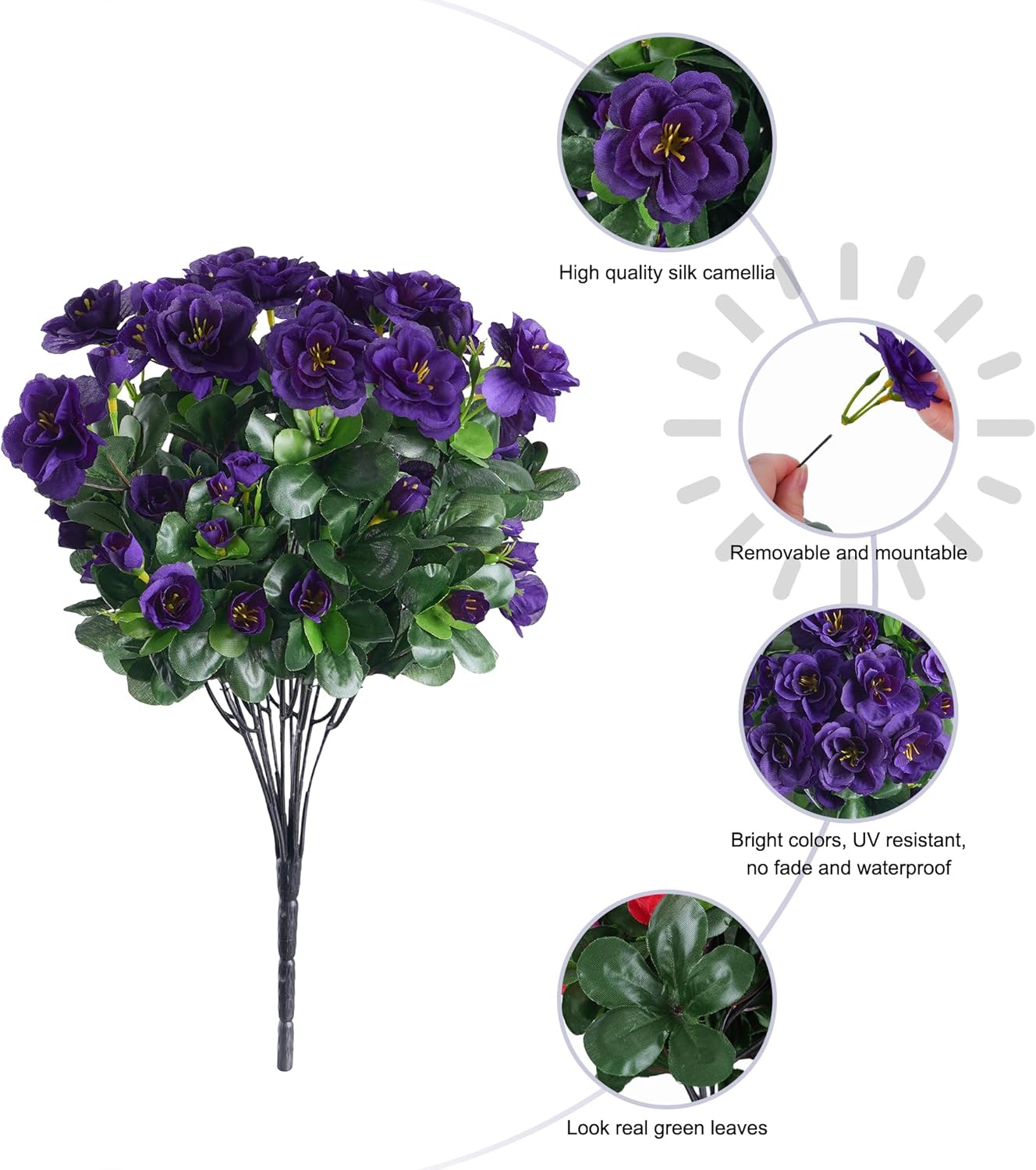 Artificial Faux Outdoor Flowers Plants for Spring Summer Decoration, Fake Silk Camellia UV Resistant Look Real for Planter Outside Front Door Porch Patio Balcony, 3 Large Bundles (Dark Purple)